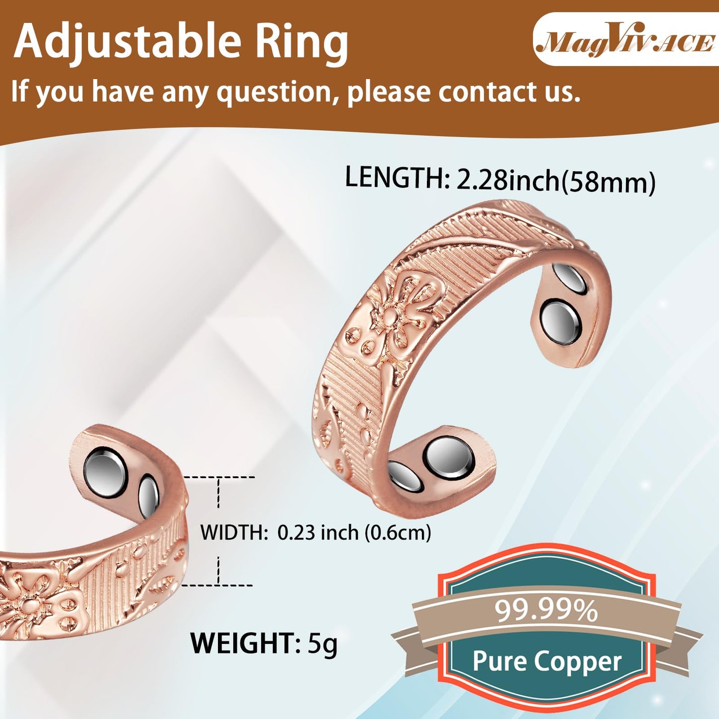 EnerCoppeX Copper Magnetic Ring for Women, Lymphatic Drainage Adjustable Ring, 3500 Gauss Magnet (J)