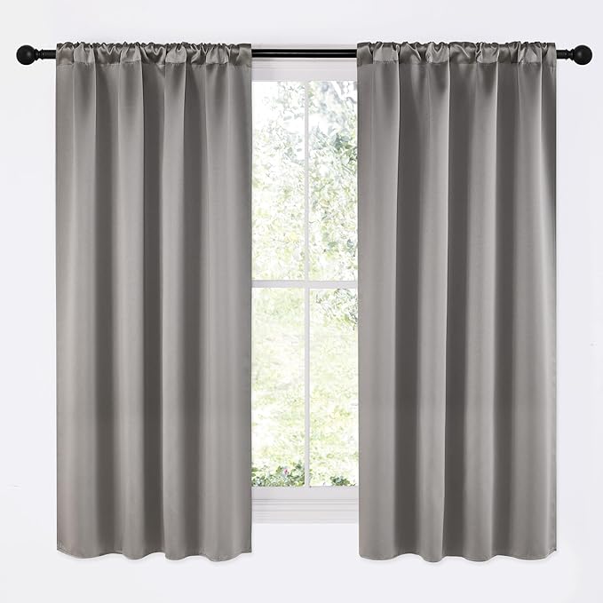 NICETOWN Room Darkening Cafe Satin Curtains for Small Windows, 42" Wide by 63" Long, 2 Panels, Chrome Gray, Rod Pocket Privacy Blackout Drapes for Play Room