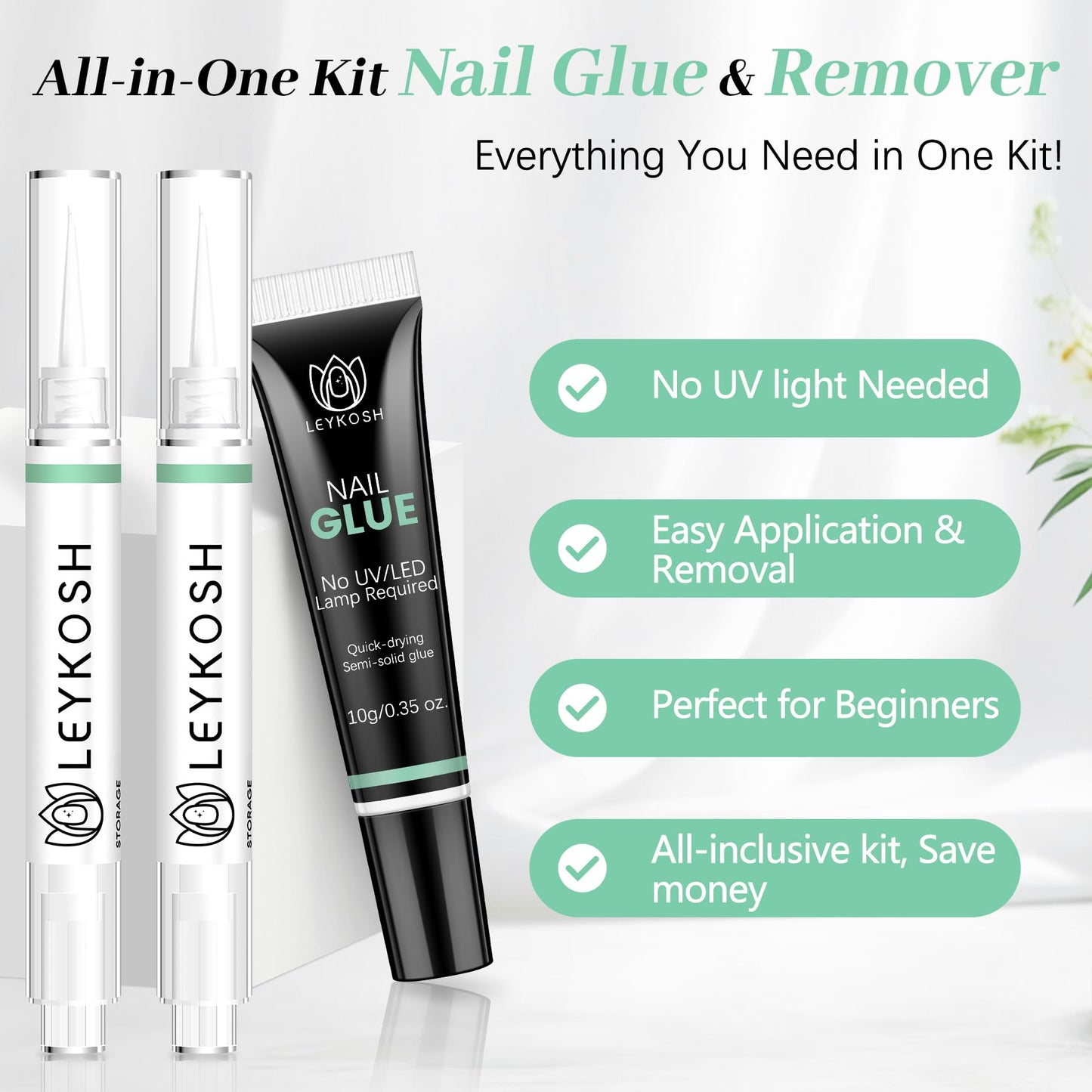 Leykosh Nail Glue for Press Ons 10g & 2*5ml Nail Glue Remover Pens, 10s Quick Dry Semi Solid Glue on Nails No Lamp Needed, 28+ Days Strong Hold, Damage Free Easy Off, Not for Gel Polish or UV Curing