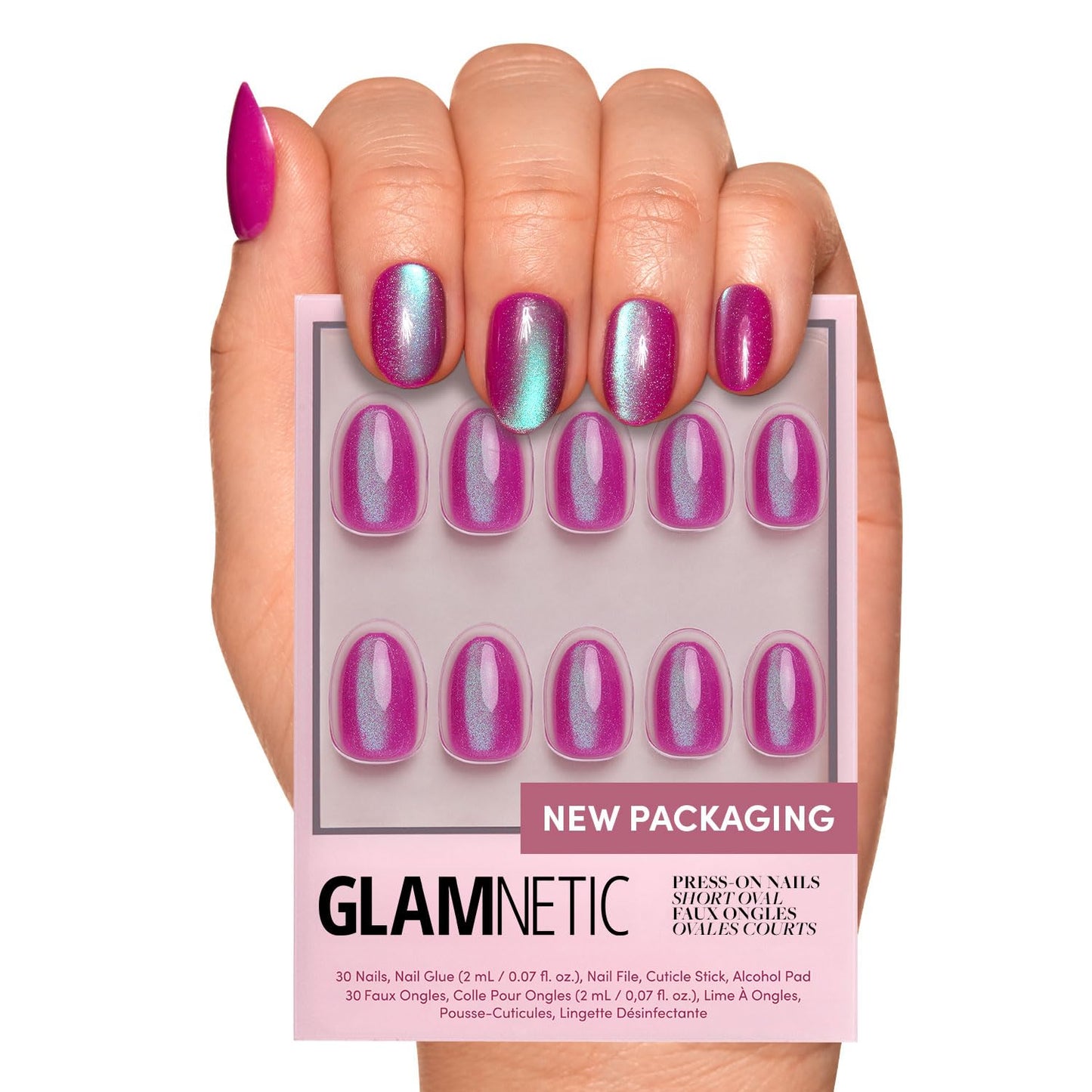 Glamnetic Press-On Nails Bundle - Berry Fizz, Fairy Dust, Goal Digger | Short Oval Magenta Nails | Semi-Transparent Round False | Beige-Pink Oval Fake | Reusable Nail Sets