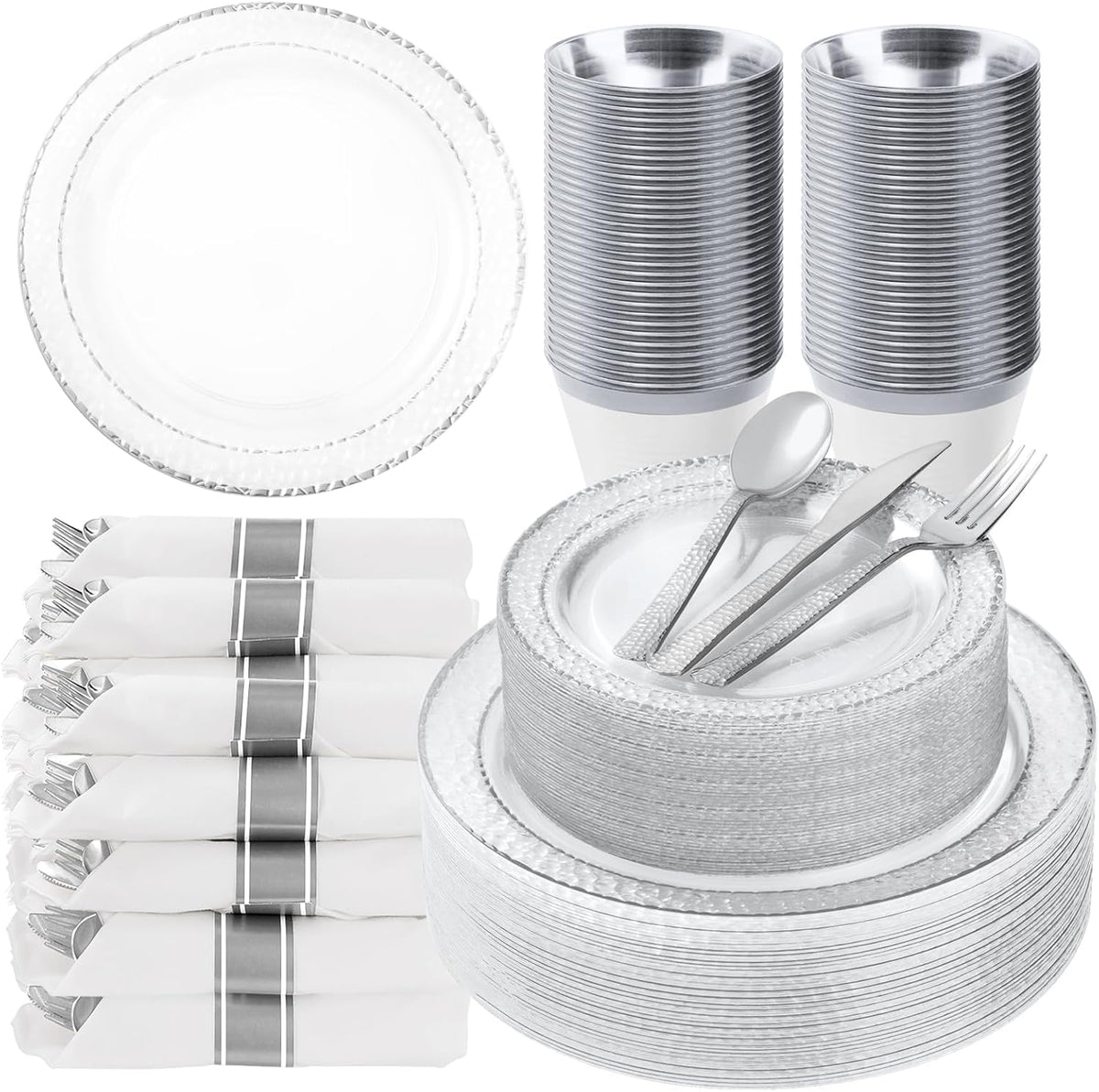 350PCS Clear Plastic Plates with Silver Trim for 50 Guests, Disposable Dinnerware Set for Party & Wedding, Includes 100 Plastic Plates, 50 Pre Rolled Napkins with Silver Silverware, 50 Cups