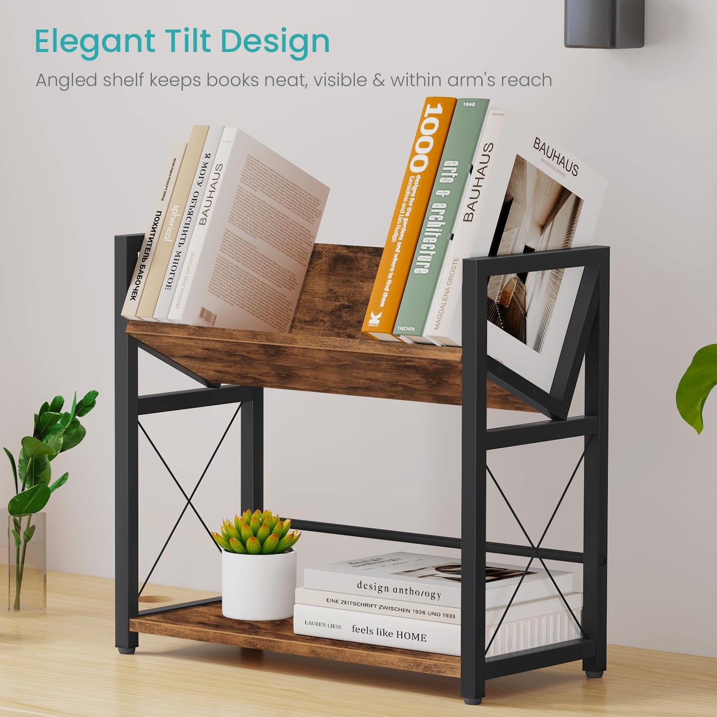 ELITEROO Desktop Bookshelf, 2 Tier Desk Shelf Organizer, Wooden Tabletop Bookcase, Small Desk Top Book Rack for Office, Home, Bedroom, Small Space Storage and Display, Rustic Brown