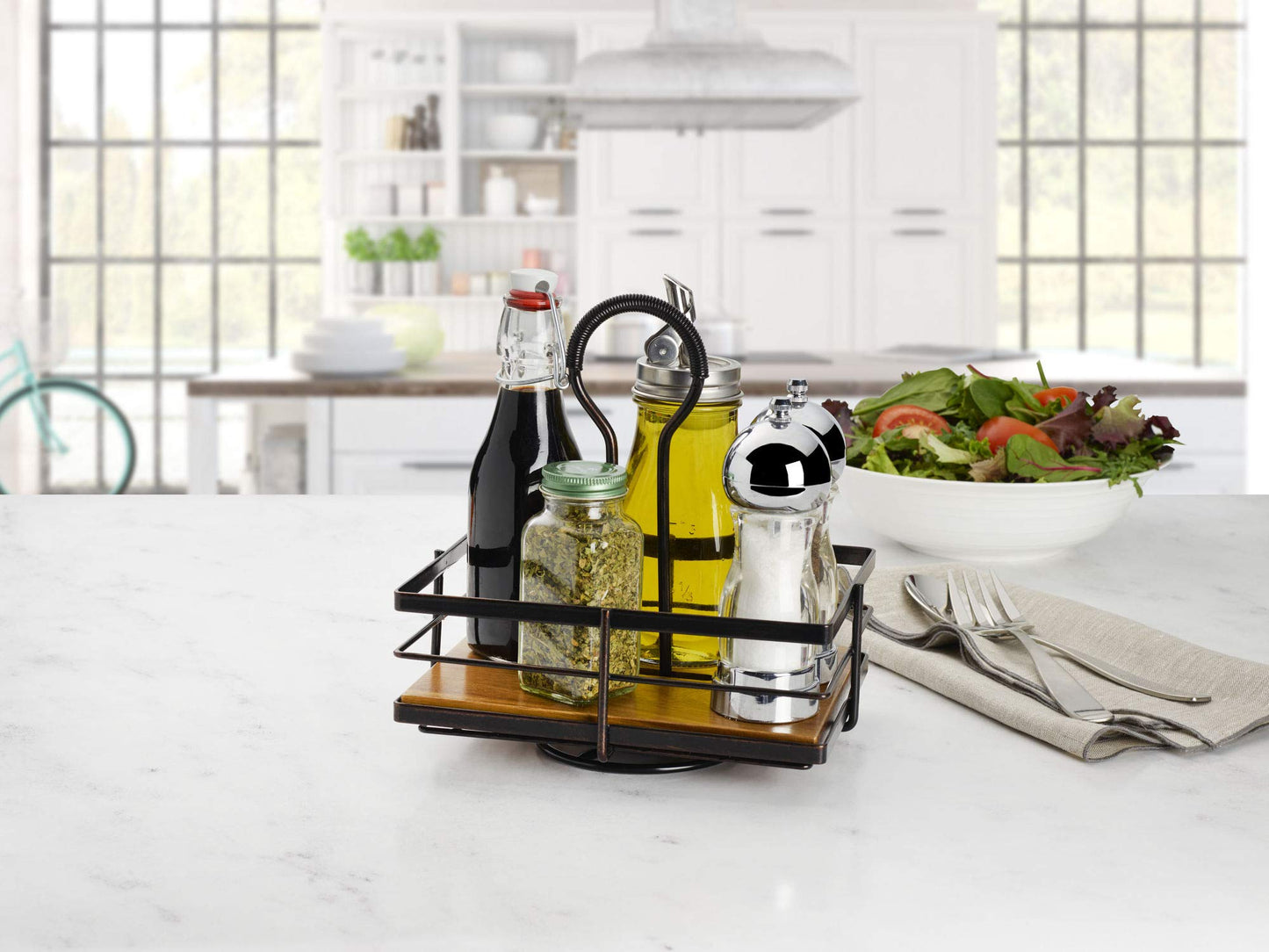 Gourmet Basics by Mikasa Nova Rotating Condiment Caddy, Handcrafted Iron and Acacia Wood Table Organizer with Spinning Platform and Carrying Handle, Contemporary Black Finish, 8.75 x 7 x 9.25 Inches