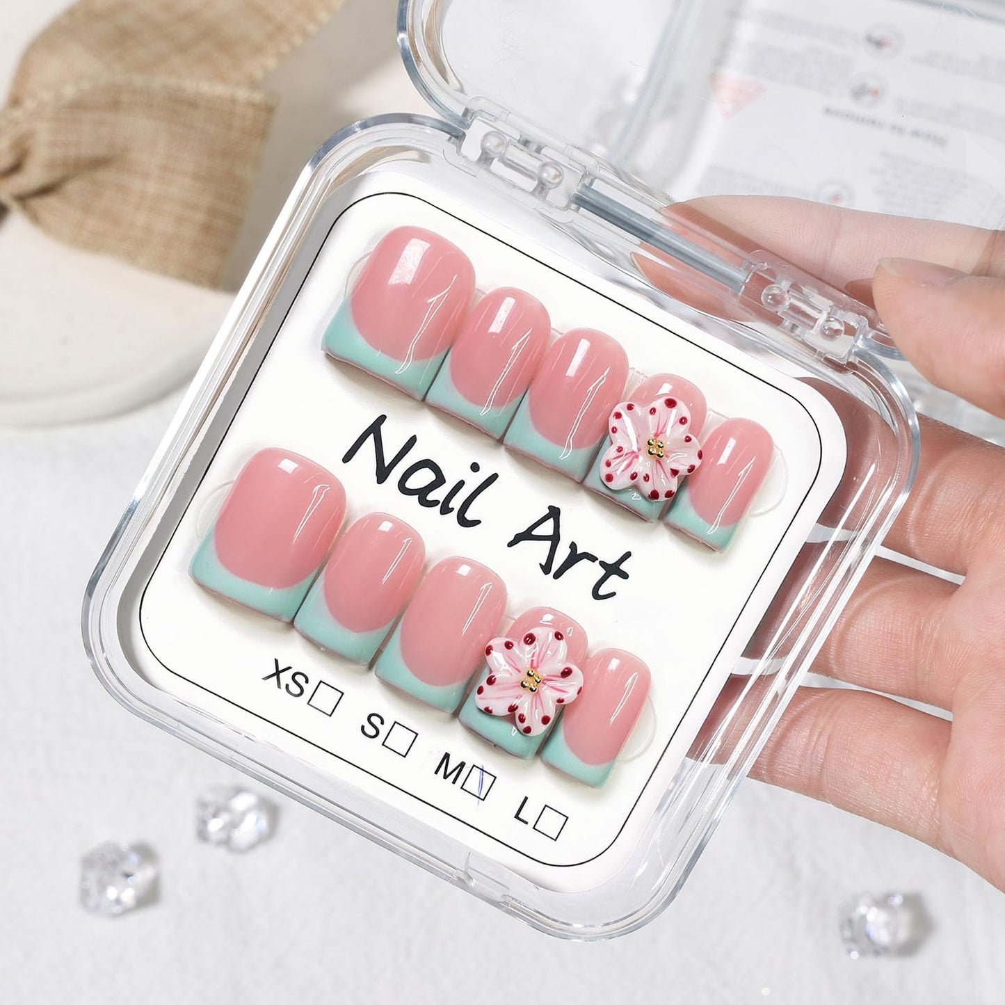 10 Pcs Handmade Press on Nails Short Square Fake Nails with 3D Flower Light Green French Tip Design Acrylic False Nails Pink M Size Press Ons Nails Square for Women Nail Art