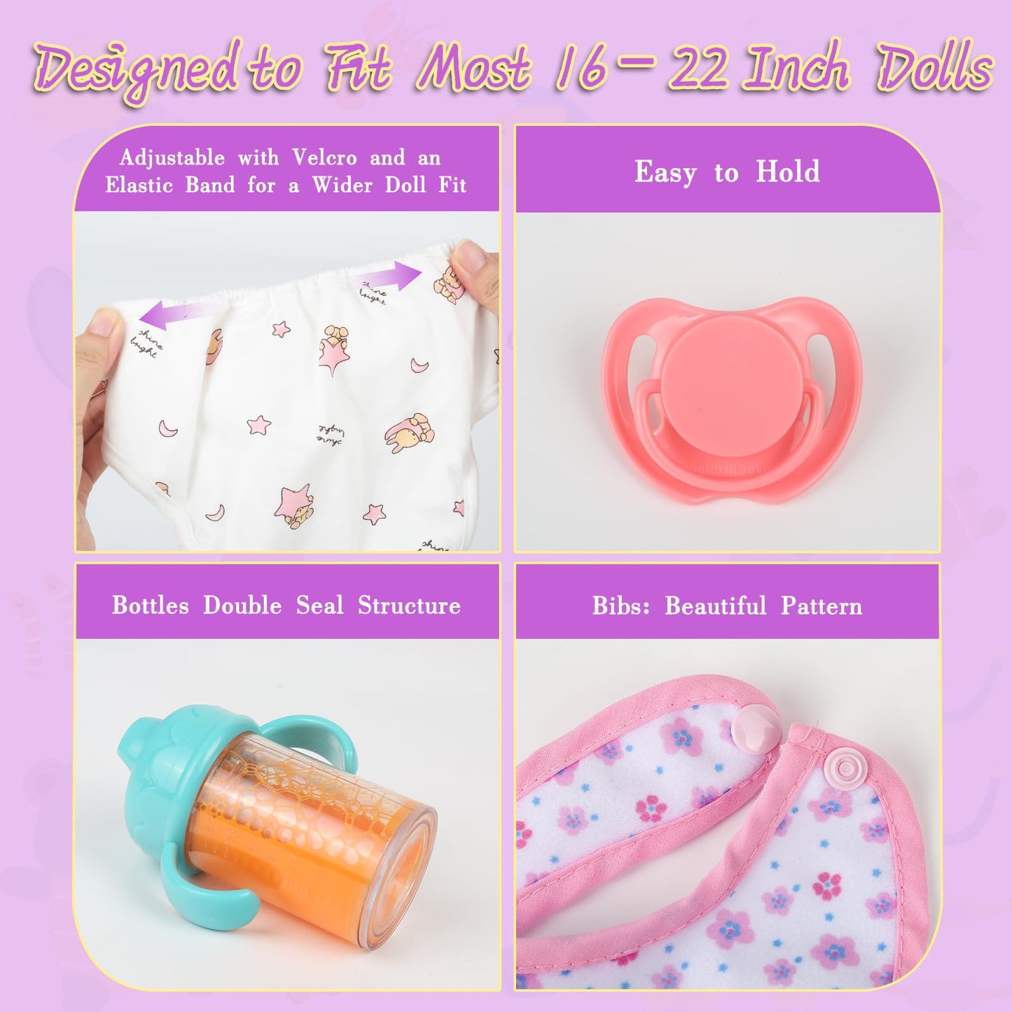 CARANOVO 6-Piece Baby Doll Feeding Set – Magic Bottles & Pacifiers for 10–24 Inch Dolls, Disappearing Milk & Juice Bottles, Pretend Play Accessories for Kids