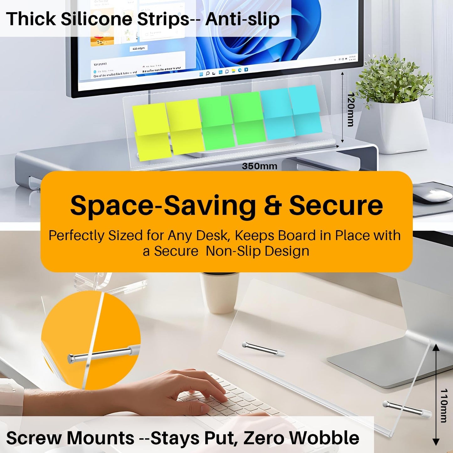Monitor Memo Board Holder 14"x5", Office Organization Memo Holders for Computer Sticky Note Holder, Space-Saving Under Monitor, Movable & Reusable, Screen Saver for Office & Home Desktop Decor