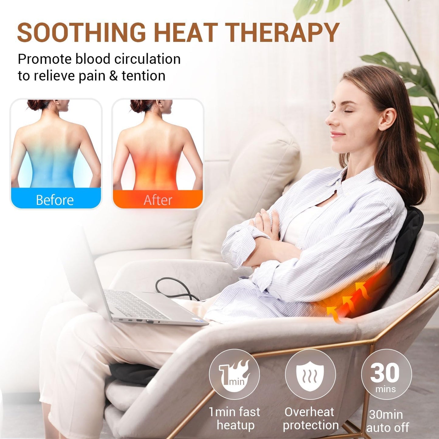 CARSHION Back Massager with Heat,Heated Seat Cover Cushion with 5 Vibrating Massage Nodes Chair Pad for Pain Relief Home Office Use