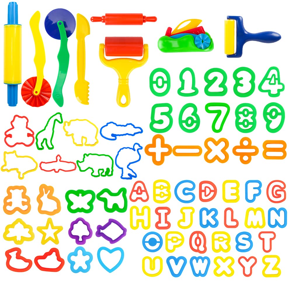 Pecopcock Letter Molds Tools Set for Kids 69Pcs Accessories, Rollers and Cutters, Numeral Various Plastic Animal Molds and Art Clay Tools for Creative Cutting