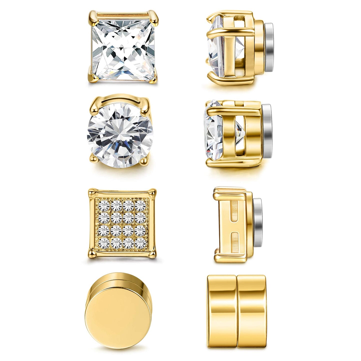 Jstyle 4 Pairs Stainless Steel Magnetic Stud Earrings for Men Women Gold CZ Non-Piercing Clip On Stud Earrings Set 8 MM