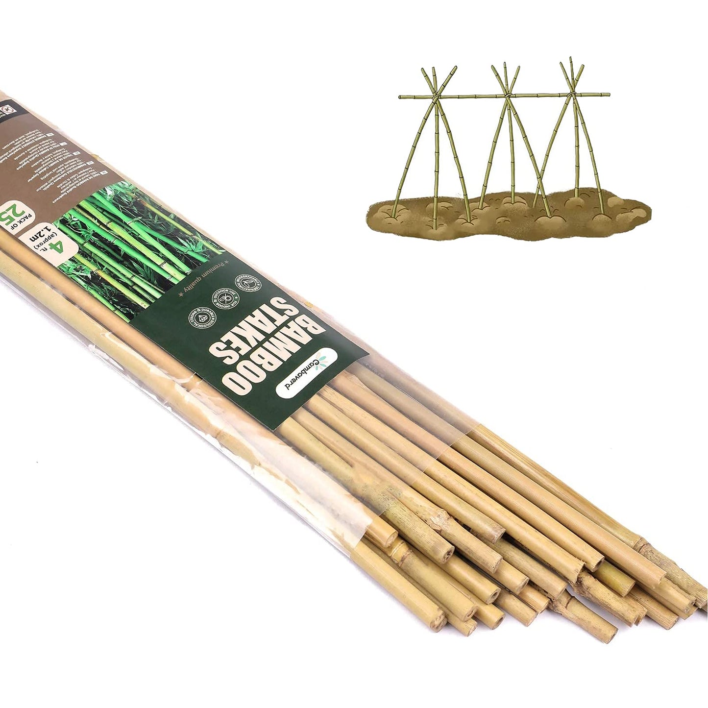 Cambaverd Bamboo Stakes 4ft Natural Plant Stakes for Tomatoes, Beans, Climbing Plants Support - 25 Pack Bamboo Sticks for Plants
