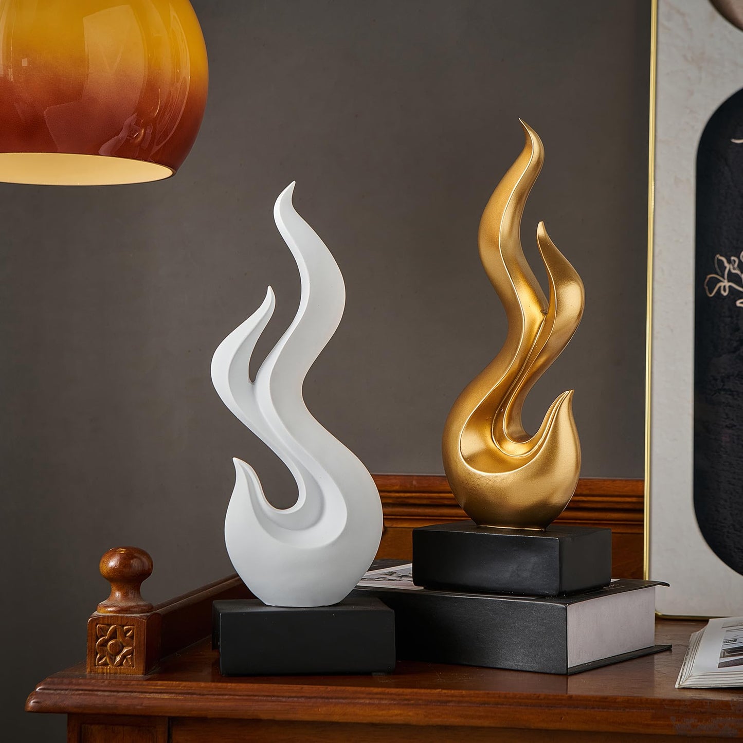 Modern Abstract Art Table Decoration, Gold Decor Flame Statue for Living Room Home, Black Shelf Decor Accents, Abstract Art Resin Sculpture for Dining Room, Office & Coffee Table Centerpiece (White)