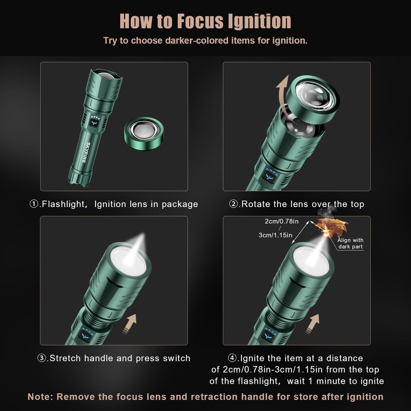 SKYFIRE LED Flashlights High Lumens with Ignition Lens,3000lm Super Bright Rechargeable Flashlight,Zoomable,4 Modes,Waterproof Tactical Flash Light for Camping Essentials,Outdoor and Home,Gift