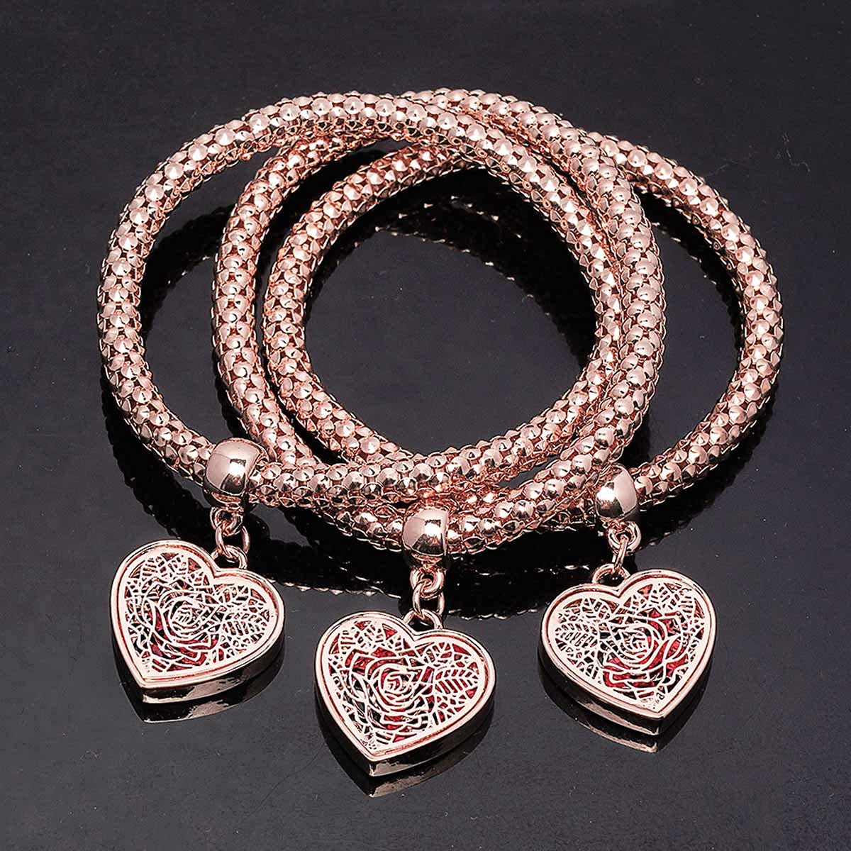 SILANER Crystal Love Charms Multilayer Bracelets - 3PCS Gold/Silver/Rose Gold Corn Chain Bracelet for Women, Rose Heart Charm Shaped Stretch Bracelet