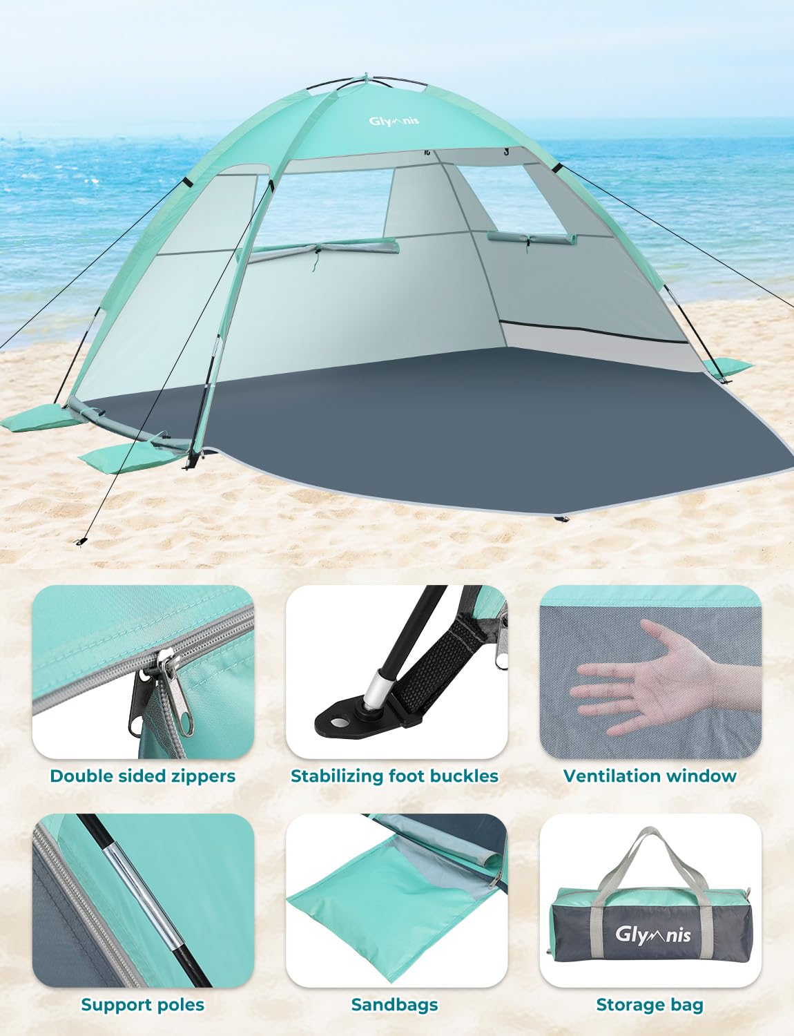 Glymnis Beach Tent Sun Shelter for 3 Person with UPF 50+ UV Protection, Lightweight & Easy Setup Beach Shade Canopy with Vent Windows & Zippered Door - Green