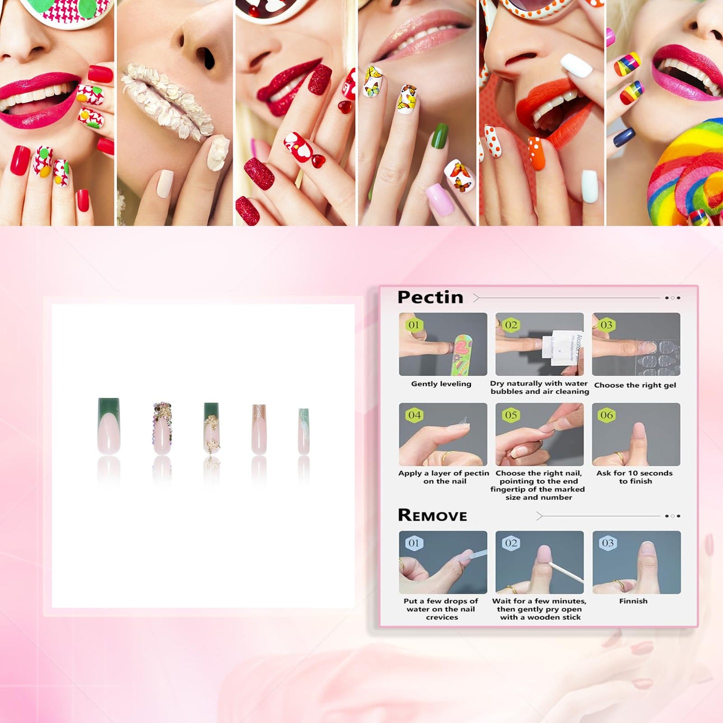Rchovsam Long Press on Nails Square French Tip Fake Nails with Gold 3D Butterfly Designs False Nails Sparkly Artificial Stick on Nails for Women