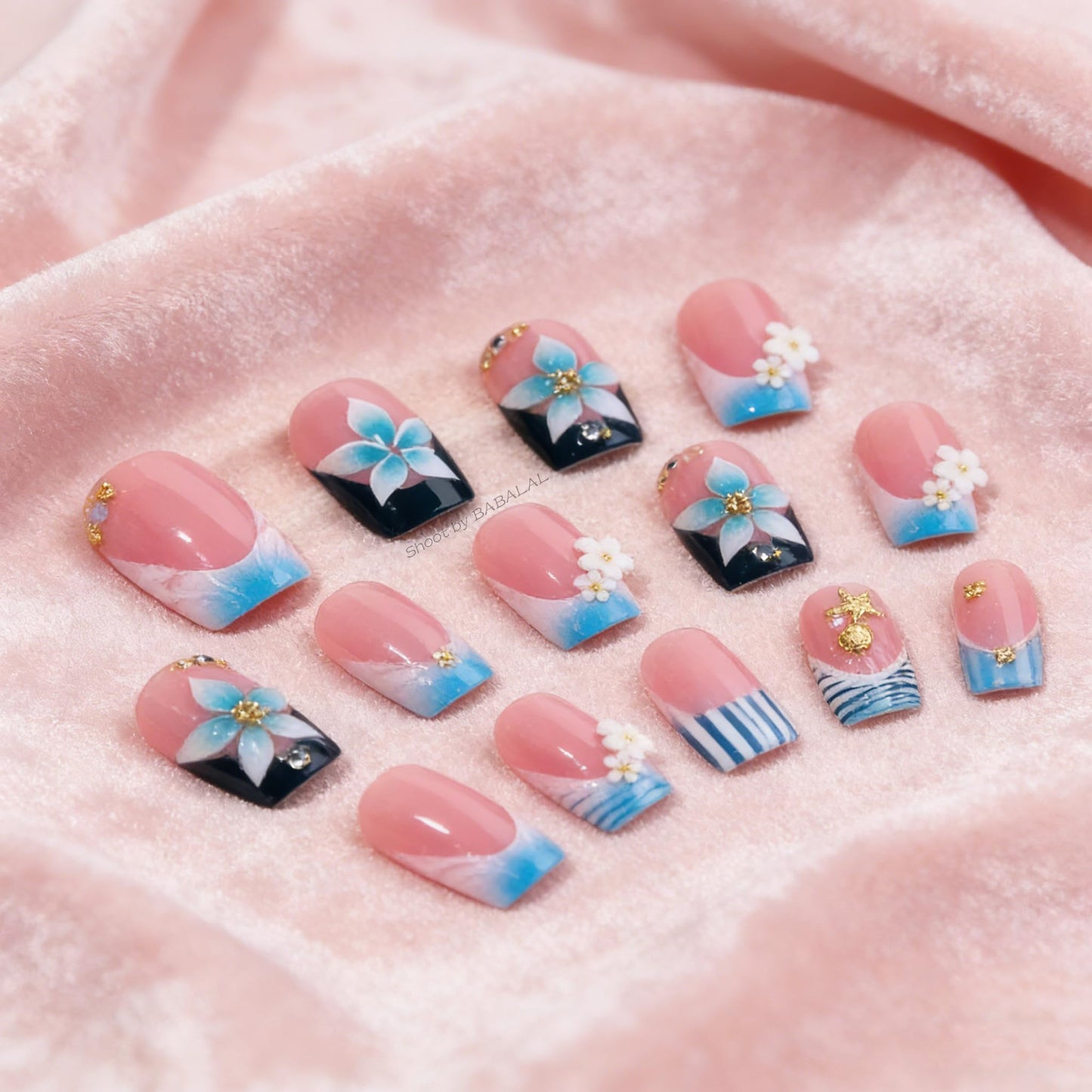 BABALAL Press On Nails, Short Square Fake Nails, Blue French Tip with Butterfly & 3D Flower, Glossy Tropical Summer Glue On Nails for Women and Girls 24Pcs