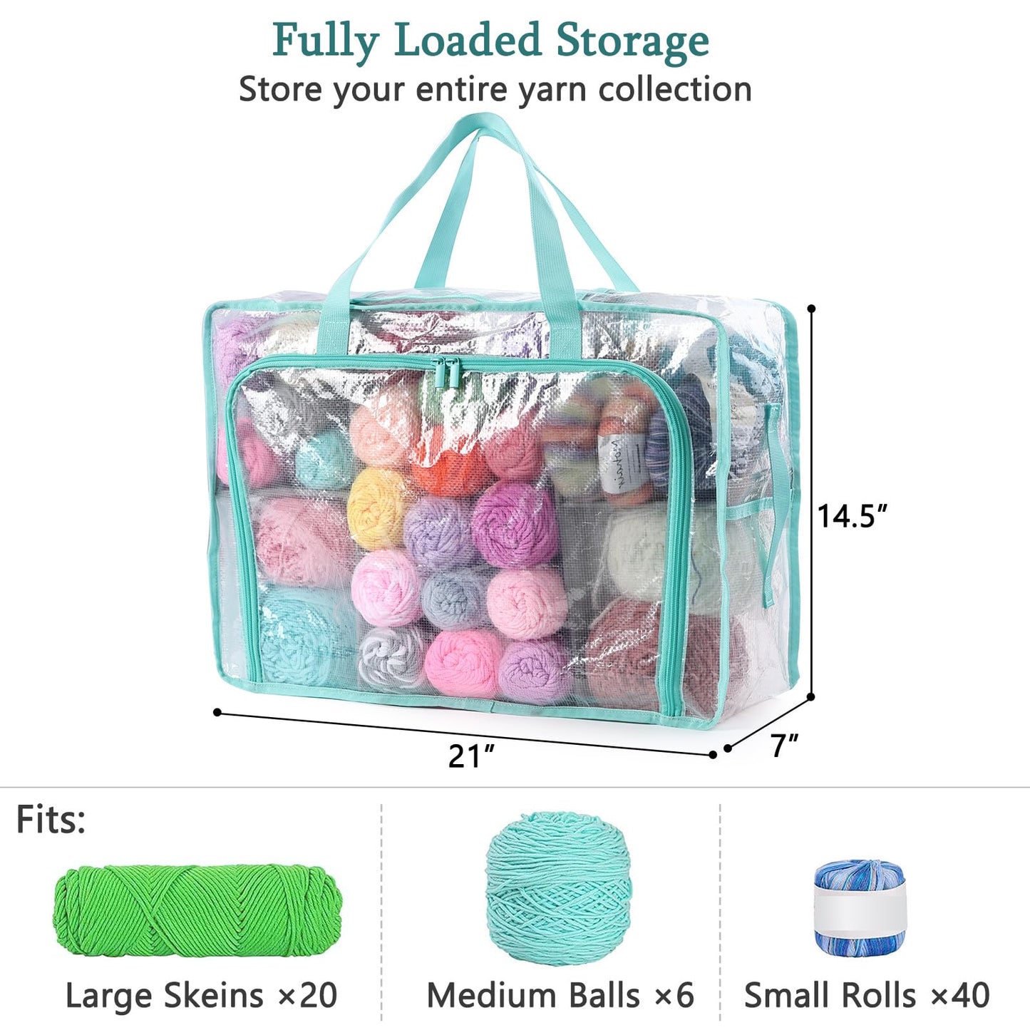 MYBAGZING Clear Yarn Storage Bags, 21" Large Flat Under Bed Yarn Organizer with Zipper & Handles, Stackable Knitting and Crochet Storage for Closet Shelves, Craft Room, Yarn Skeins, Hooks & Needles
