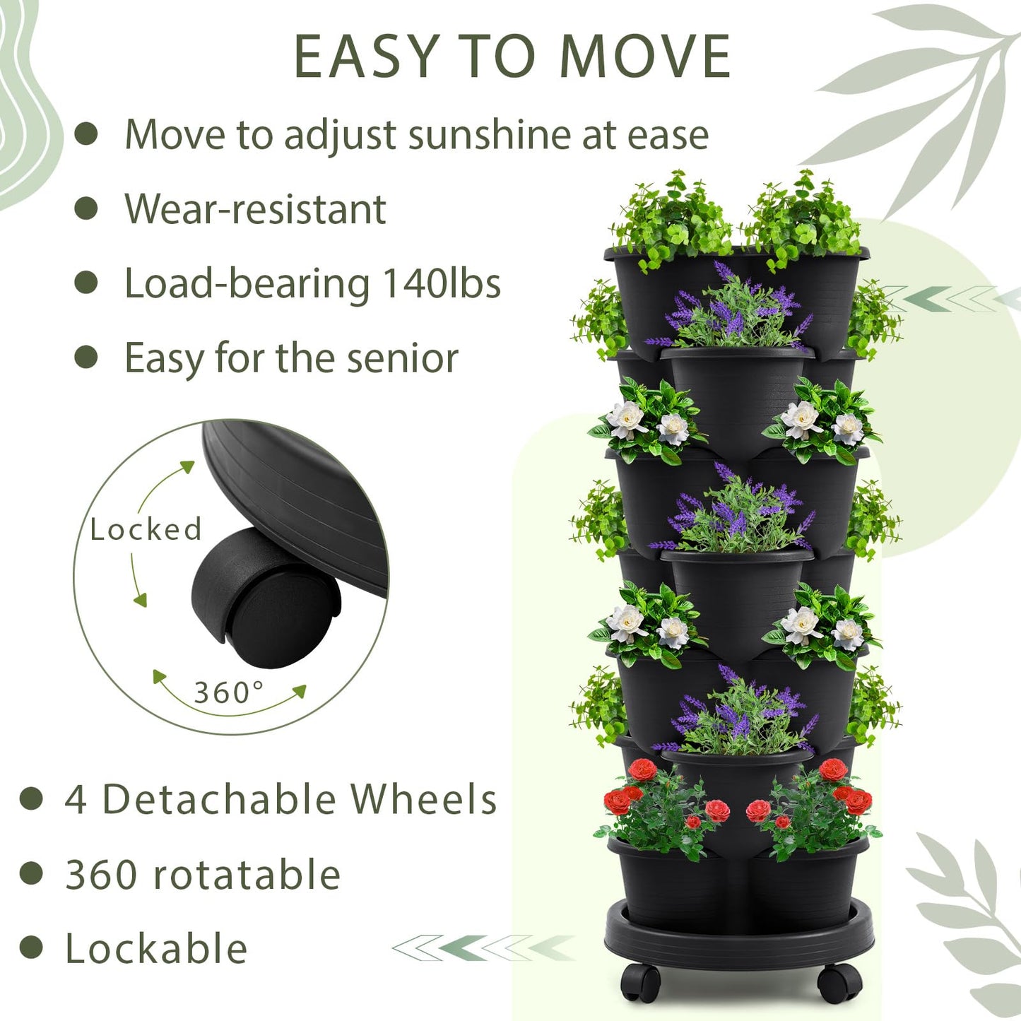 Umigy 2 Set Black 7 Tier Stackable Vertical Planters with Removable Wheels and Tools Tower Planters Strawberry Herb Flower Vegetable Pots Indoor Outdoor Gardening Pots