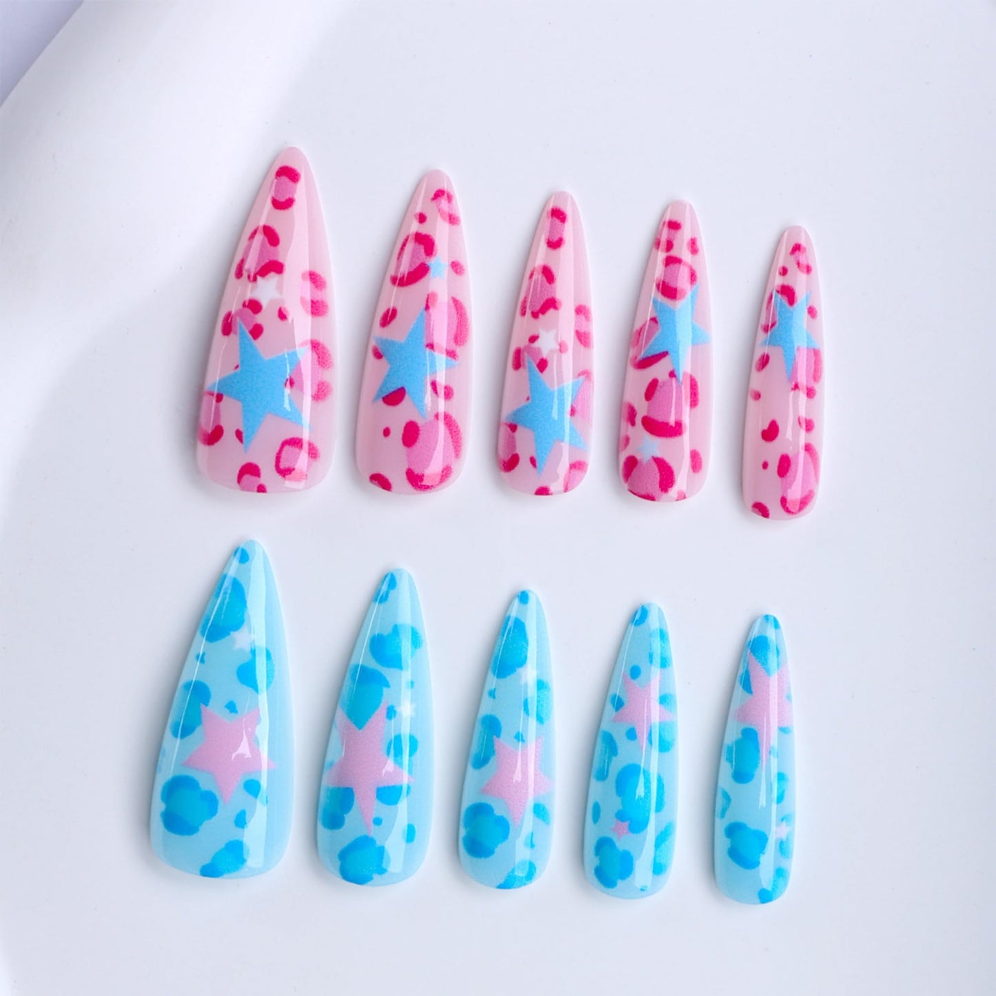 Long Press on Nails Almond Fake Nails Pink Acrylic Nail Press Ons Seeneey Blue Stars Designs Stick on Nail for Women 24pcs