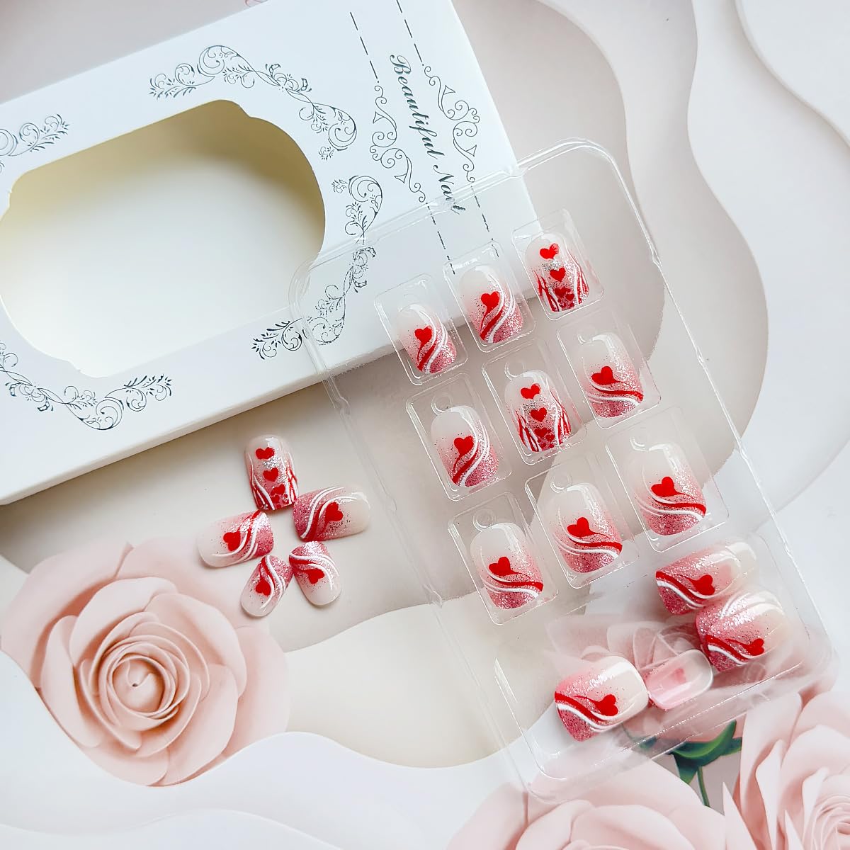24Pcs French Tip Valentines Nails Red Heart Press on Nails Short Square Fake Nails Silver Glitter False Nails Line Artificial Nails Nude Stick on Nails Full Cover Glue on Nails for Women Nails Art