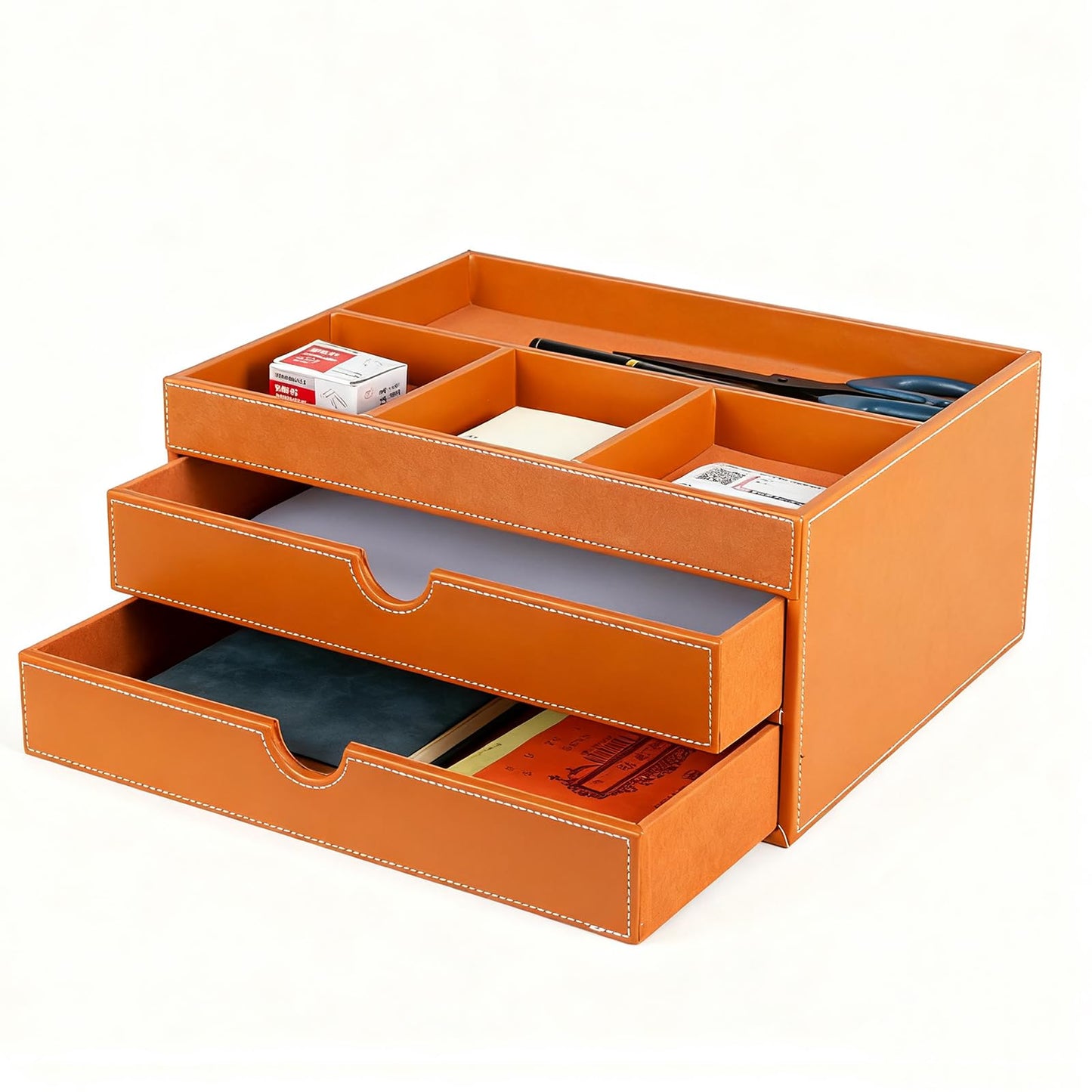 Household Multifunctional Desktop Storage Cabinet, Office file Cabinet Made of Leather, Drawers and Four Separate Organizers, Storage Box on the Bedside Table in the Room (brown)