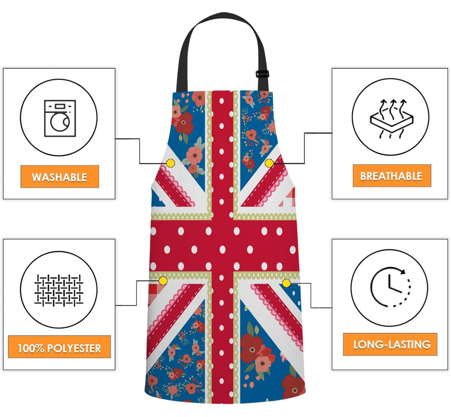 WONDERTIFY British Flag Apron,England Flag in Chic Floral Style Bib Apron with Adjustable Neck for Men Women,Suitable for Home Kitchen Cooking Waitress Chef Grill Bistro Baking BBQ Crafting Apron