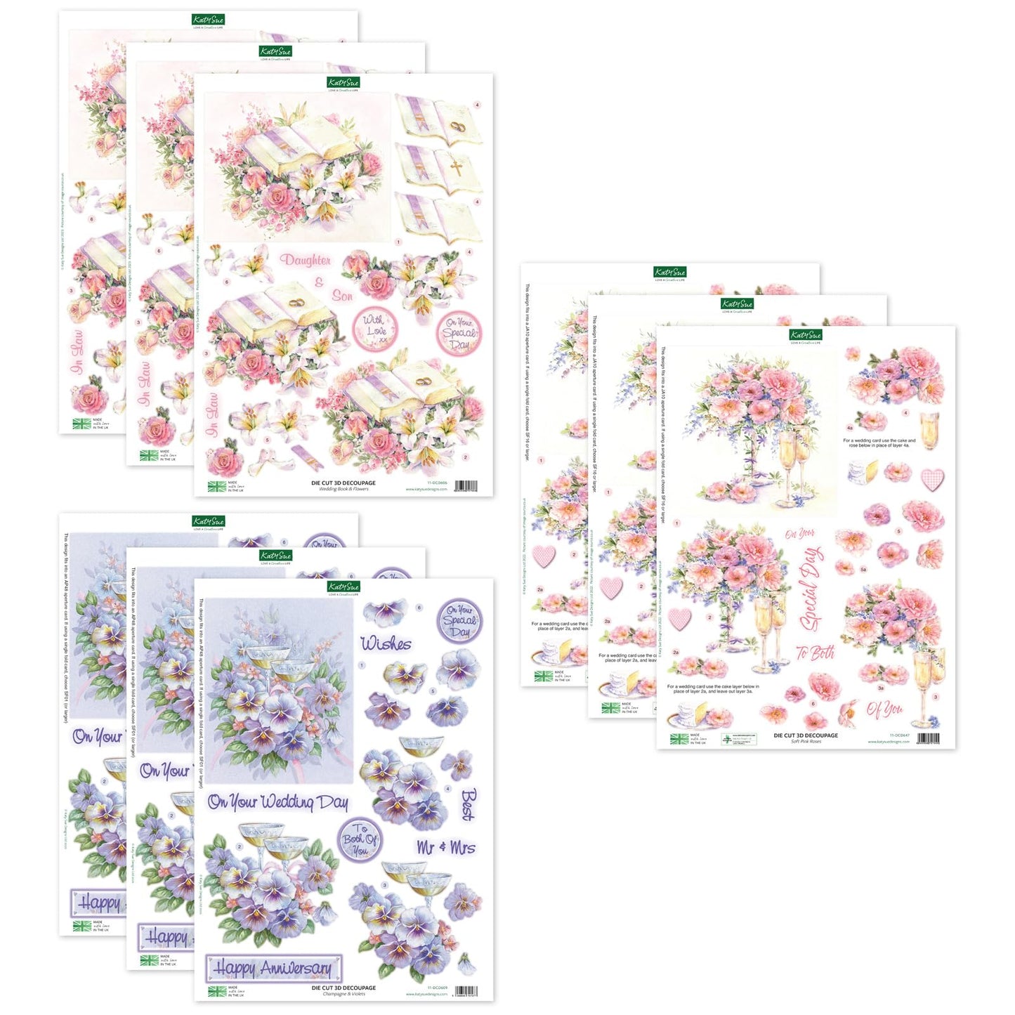 Katy Sue Designs On Your Special Day 3D Die-Cut Decoupage Sheets for Card Making & Scrapbooking. 9 Sheets of Katy Sue Die Cuts - Book & Flowers, Champagne & Violets & Soft Pink Roses