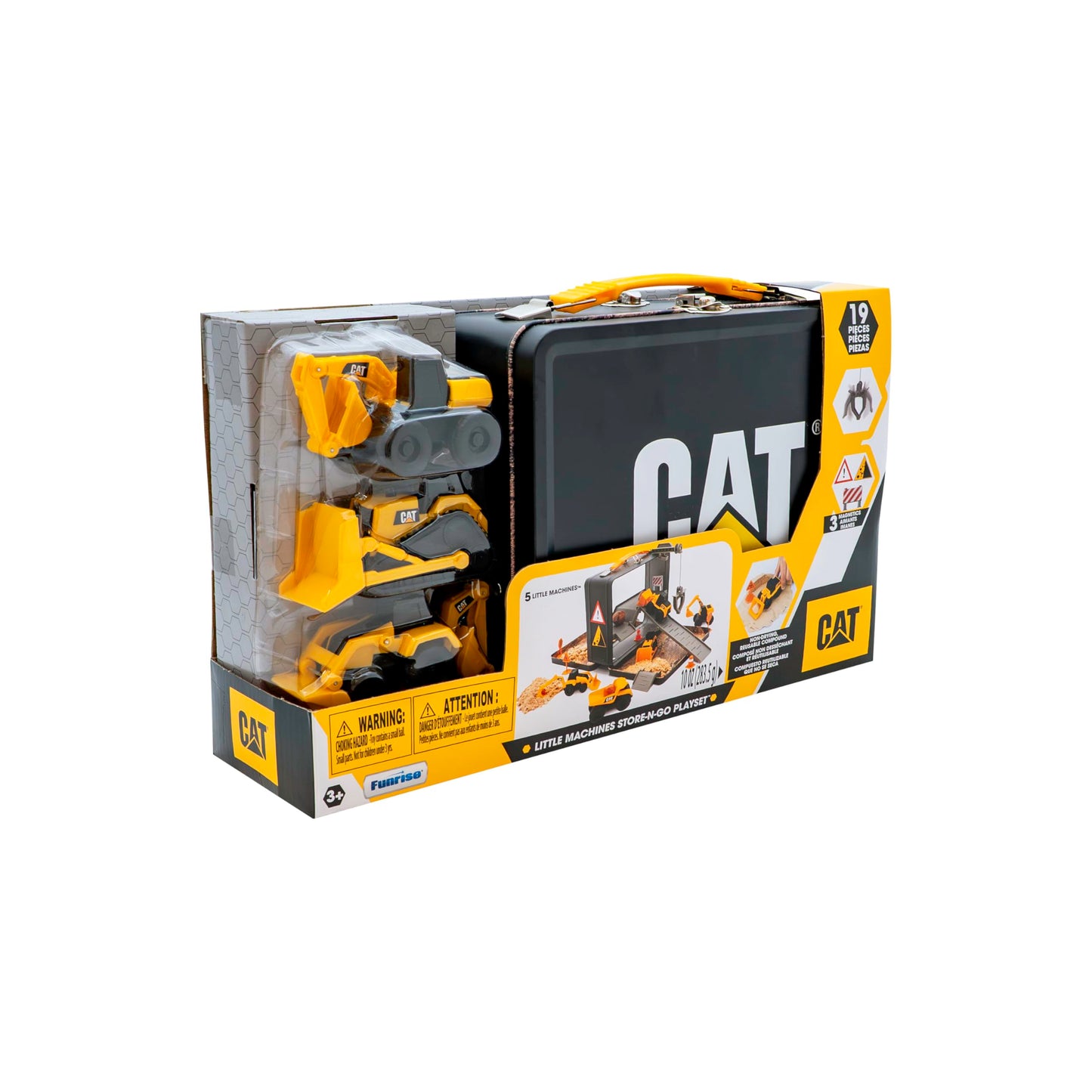 CAT Construction Toys, Store N Go Playset - Tin Travel Case Transforms into Multi-Level Worksite, Includes 2 Little Machines Vehicles & 10 + Accessories, Portable STEM Toy for Kids Ages 3 +