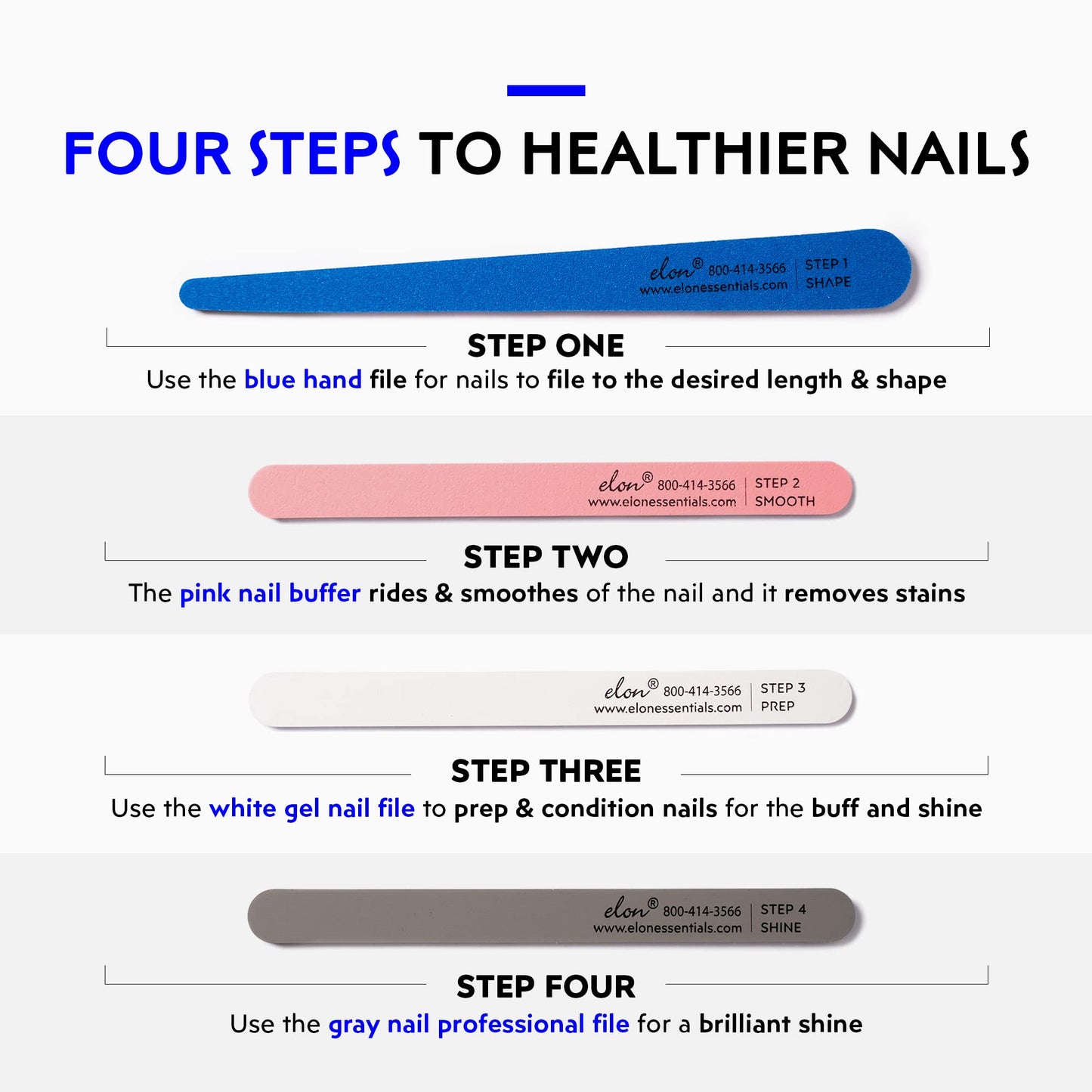 Elon Professional Nail File Set – 4 Step Fingernail Files and Buffers for Manicure - File System (4 Double-Sided) – Dermatologist Recommended – Rebuild & Restore