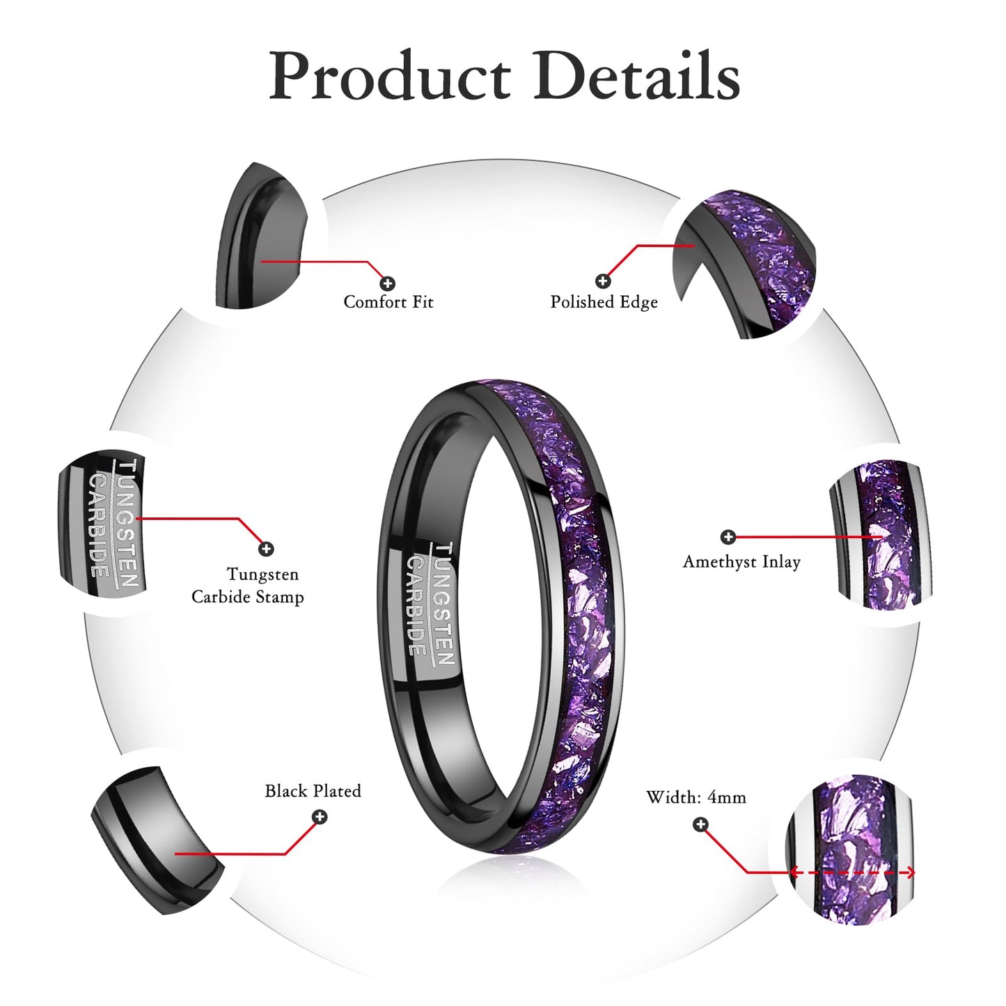 NUNCAD Women's Tungsten Rings 4mm Black Wedding Band Inlaid with Amethyst Center Polished Domed Comfort Fit Size 5-9