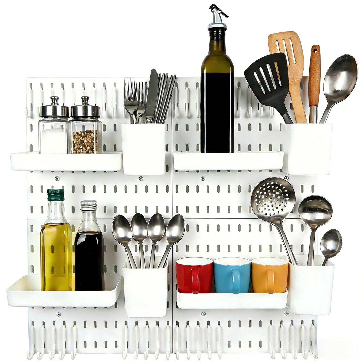 bizxdev Pegboard Wall Organizer Combination Kit,4 Pegboards with 48 Accessories For Kitchen, Bedroom, Bathroom, Game, and Office Storage. Nail-Free Installation（White 22” x 22”）
