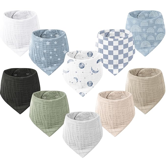 Konssy Muslin Baby Bibs 10 Pack Baby Bandana Drool Bibs 100% Cotton for Unisex Boys and Girls, Soft Absorbent Set for Teething and Drooling