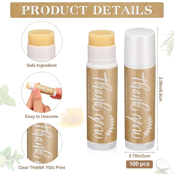Leelosp Wedding Thank You Lip Balm Bulk Small Natural Moisturizing Mini Balm Lip Care Product Include Organza Bag and Appreciation Card for Women Baby Shower Favors, 5 Fragrance (100 Sets)