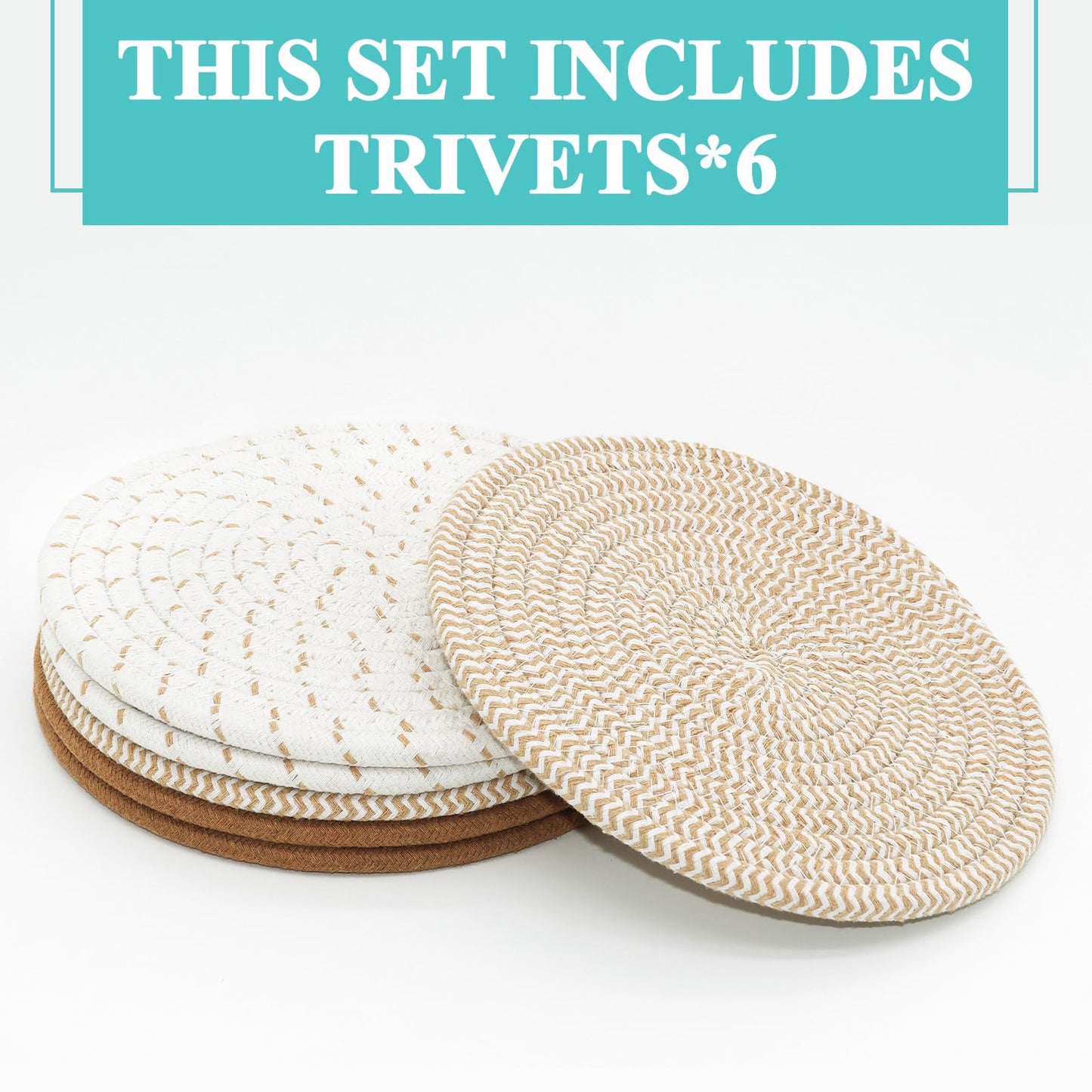 Trivets for Hot Dishes, Pots and Pans, 8 Inches Hot Pads 6 Pcs, Pot Holders for Kitchen, Heat Resistant Mat Protect Counter, Coasters Set Home Essentials Farmhouse Decor (Mix Brown)