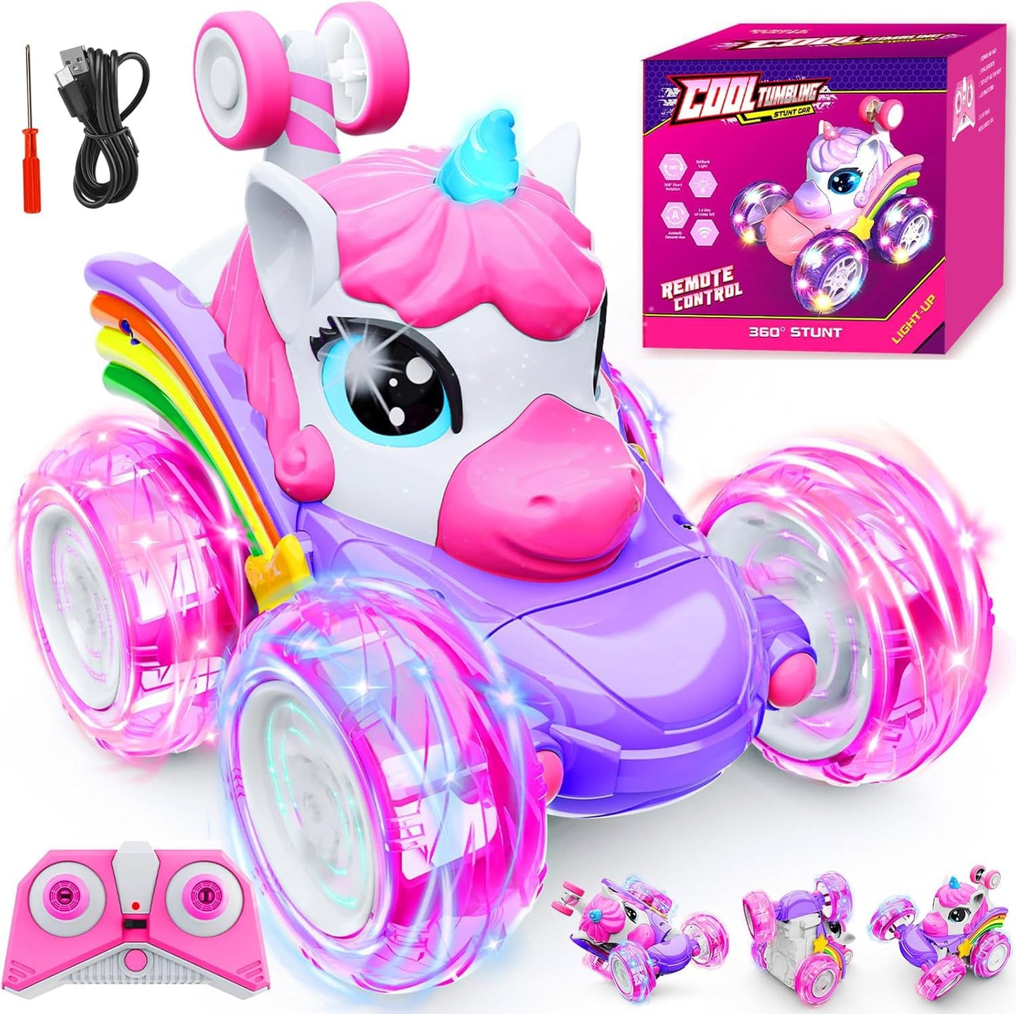 Motivekit Unicorn Remote Control Car Toys for Girl - 360° Rotating Pink RC Stunt Cars 4WD Remote Cars for Kids, 2.4GHz Toy Car with LED Lights, Birthday Gift for 3 4 5 6 7 8 9 Year Old Girl