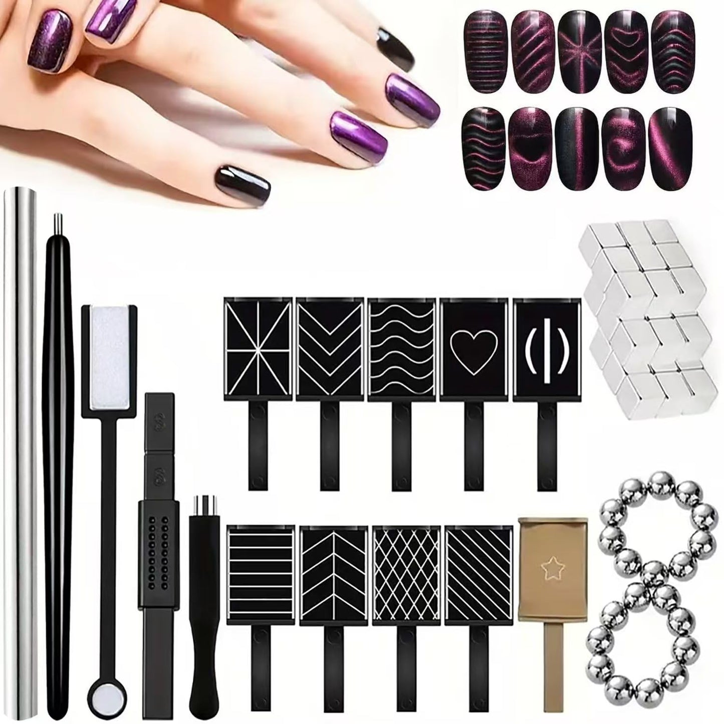 DAIXIANGER 62PCS Cat Eye Nail Magnet Set, Cateye Magnet for Cat Eye Gel Polish, Magnetic Beads Cube Magnets, Double-Head Magnet Stick Magnetic Wand for Nails, Nail Design Tools for 3D Nail Art
