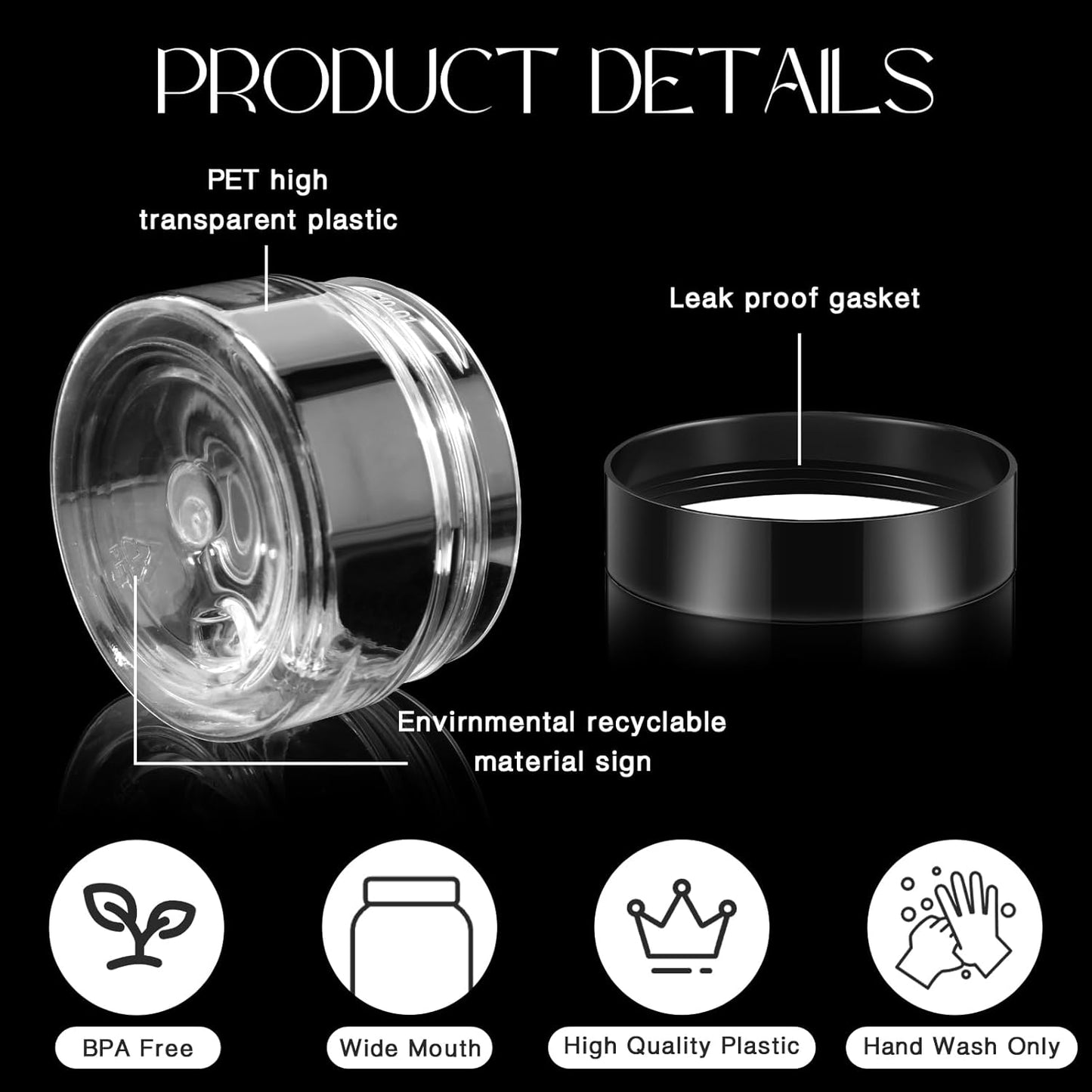 200 Pcs 2 oz Black Plastic Container Cosmetic Jars with Lid Round Plastic Jars Small Travel Containers for Storage Makeup Creams Lotion Ointments