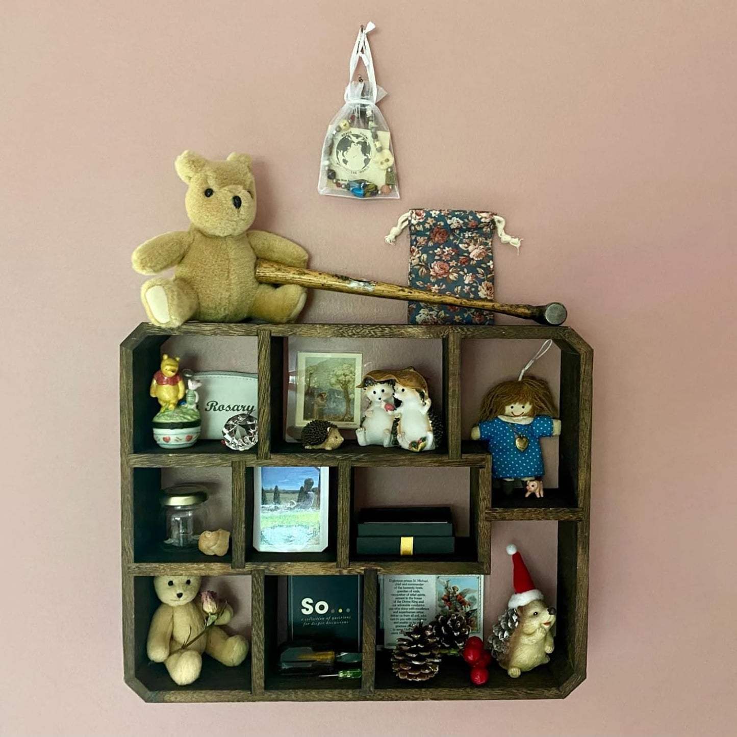 Frcctre Rustic Shadow Box Display Shelf, 9 Compartments Wood Hanging Display Floating Shelves, Multi-Slot Wall Mounted or Freestanding Farmhouse Decor Displays Case
