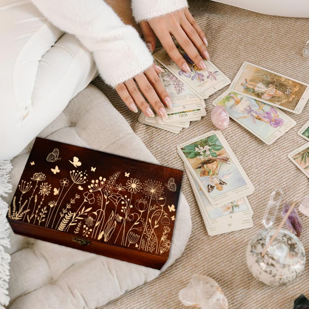 arricraft 1 Pc Wooden Memory Keepsake Box, Wildflower Cluster Butterflies Engraved Pattern Rectangle Pine Tarot Box for Anniversary Jewelry Board Storage (9.45x5.51x3.54 Inch)