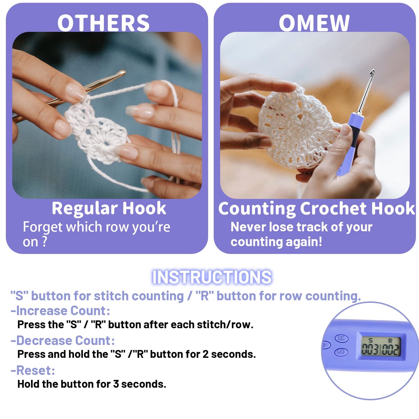 Light Up Crochet Hook Set Lighted Crochet Hook Set with 12 Different Size Interchangeable Crochet Needle, Ergonomic with 2 Levels Led and Digital Stitch Counter for Crocheting and Knitting