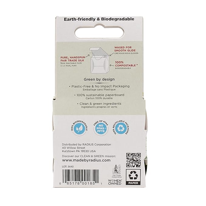 RADIUS Dental Floss, Natural Floss, Unscented Silk, 33 Yards, Compostable & Non-Toxic Oral Care Designed to Help Fight Plaque, Pack of 6