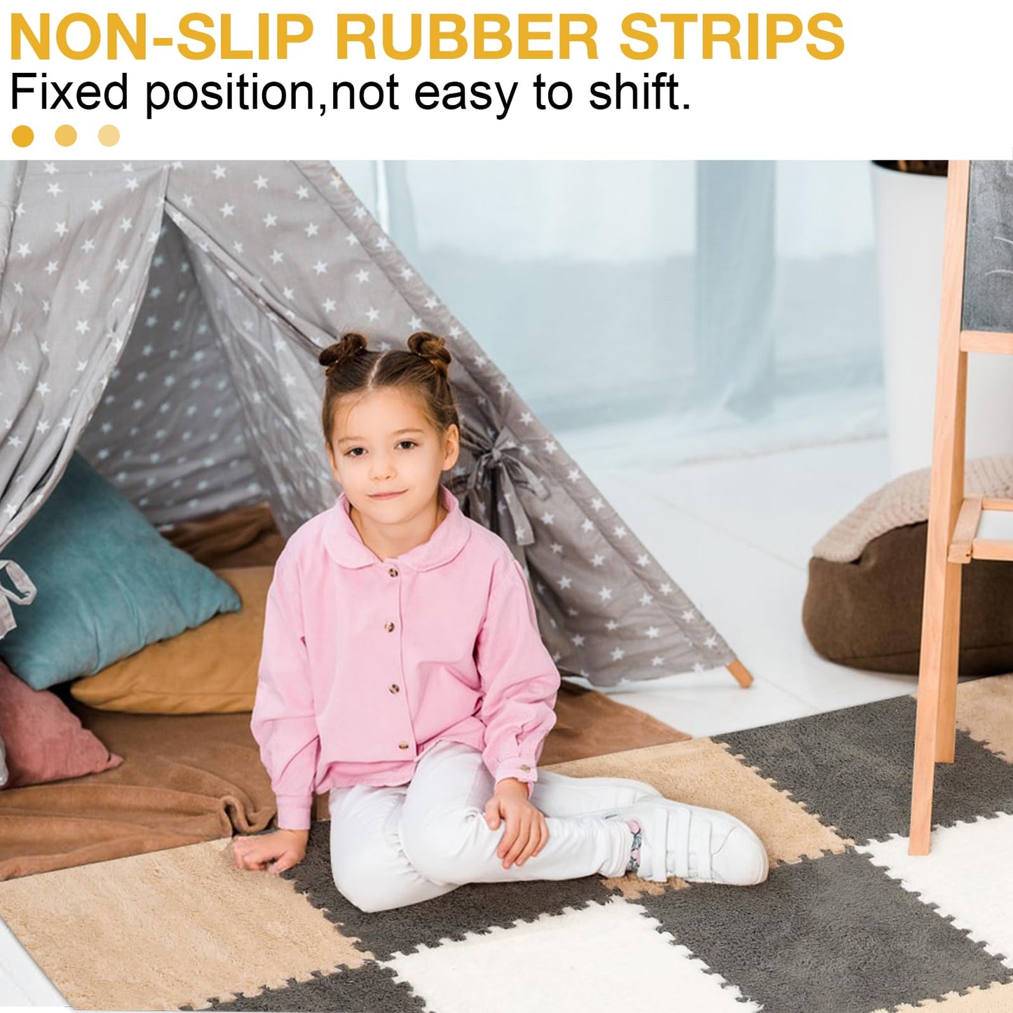 12 Pcs Plush Interlocking Carpet Tiles, Non-Toxic Foam Carpet Tiles for Toddler Baby, Anti-Slip, EVA Foam Interlocking Tiles for Floor, Nursery, Grey White Light Brown