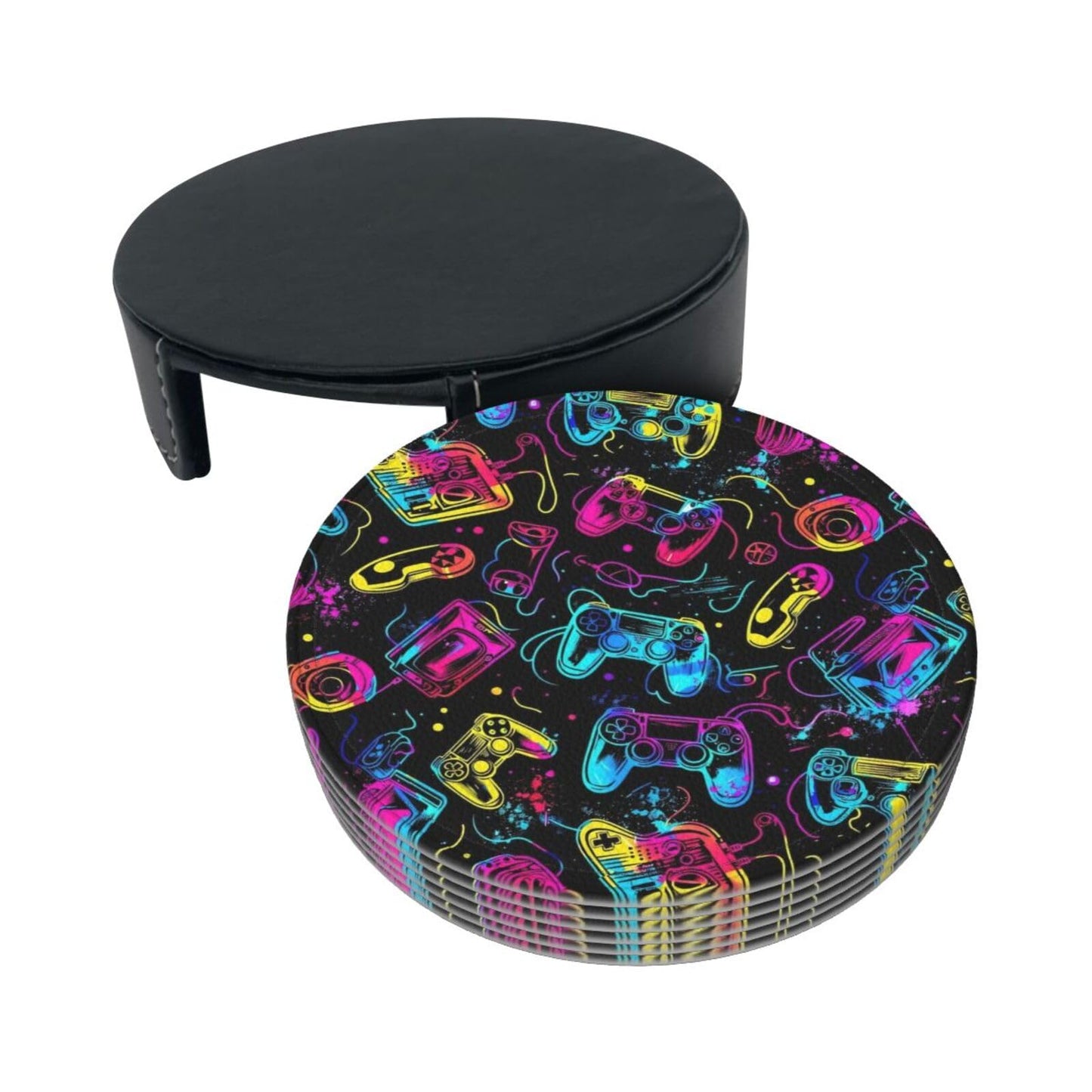 BOXIMIAO Drink Coasters with Holder Stand Set of 6, Bright Game Controller Pu Leather Absorbent Coasters with Cork Base Table Coaster Round Coasters for Housewarming Apartment Kitchen Bar Decor