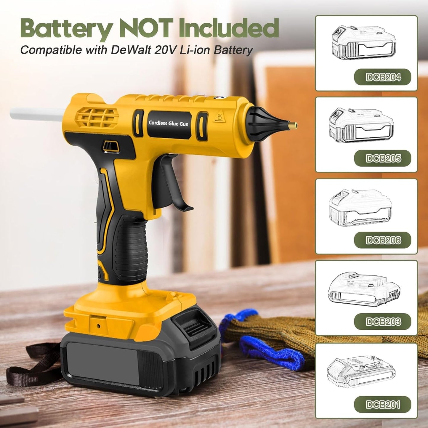 Cordless Hot Glue Gun for DeWalt 20V Battery Powered, 100W Full Size Glue Gun Cordless & Rechargeable, Wireless Battery Powered Hot Glue Gun and Sticks Set with 12pcs 0.43'' Glue Sticks (Yellow)