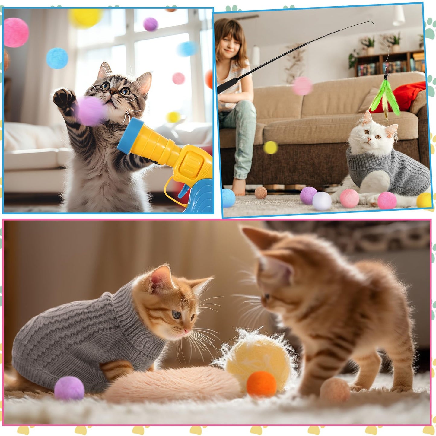 Zopeal 59 Pcs Cat Gift Sets Including Cat Bed Pillows Winter Sweater Interactive Retractable Wand Toy and Feather Toys Launcher Gun with Plush Balls for Pet Lover with Gift Wrapping Bag and Bow