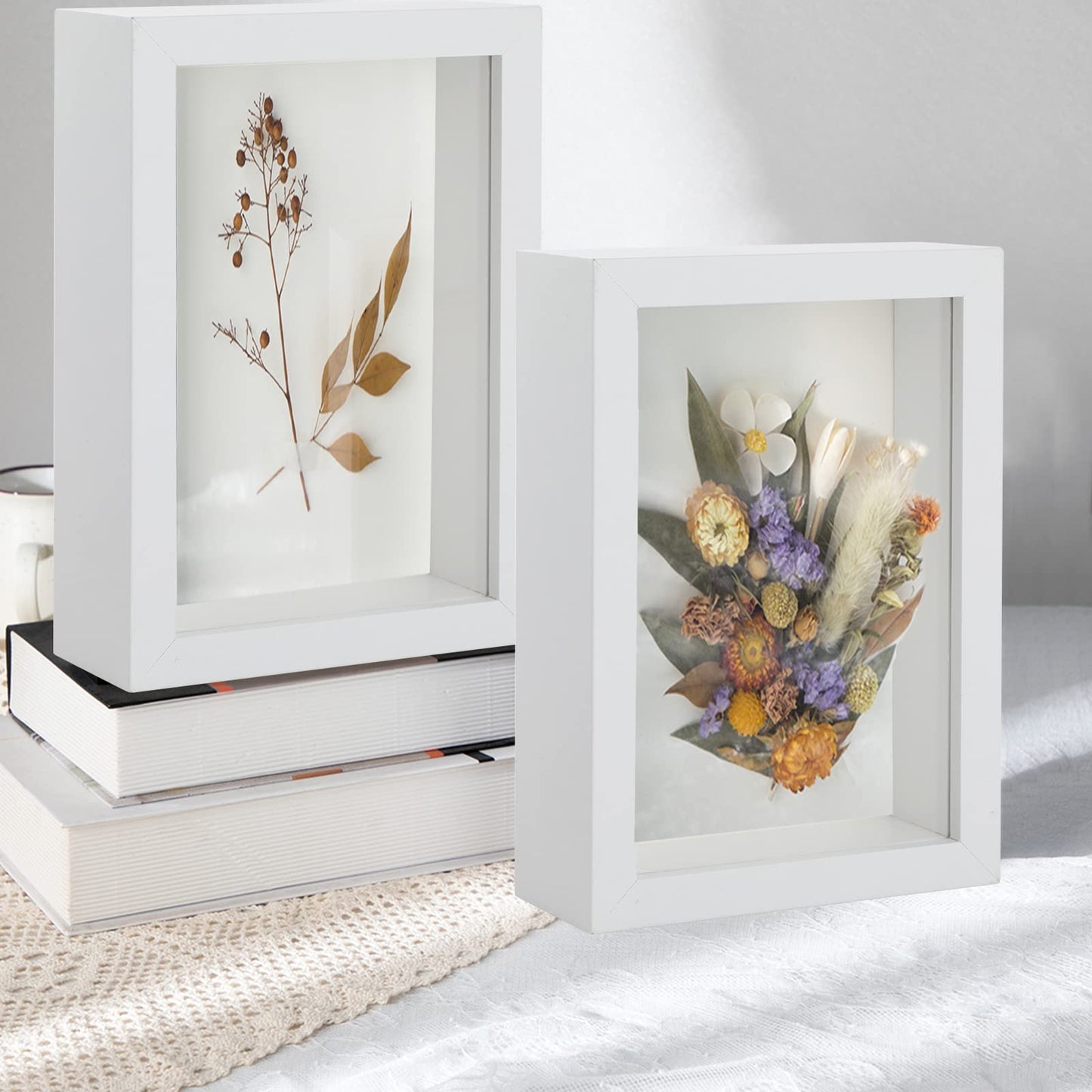 Anhow 2pcs 4x6 Shadow Box Frame, 3D Picture Frame Display Cas with Real Transparent Glass for Photos, Memorabilia, Crafts, Souvenir, Wedding Memories, Baby Items - White/ 1.2 Inch Depth