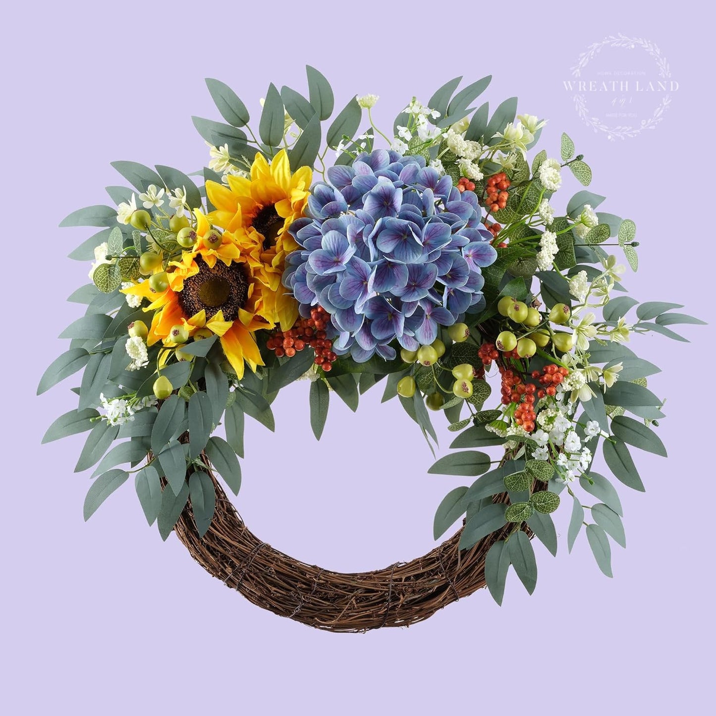 All-Season Interchangeable Grapevine Wreath - DIY Kit with Faux Silk Flowers, Leaves and Berries - Front Door Decor for Spring, Summer, Fall and Winter