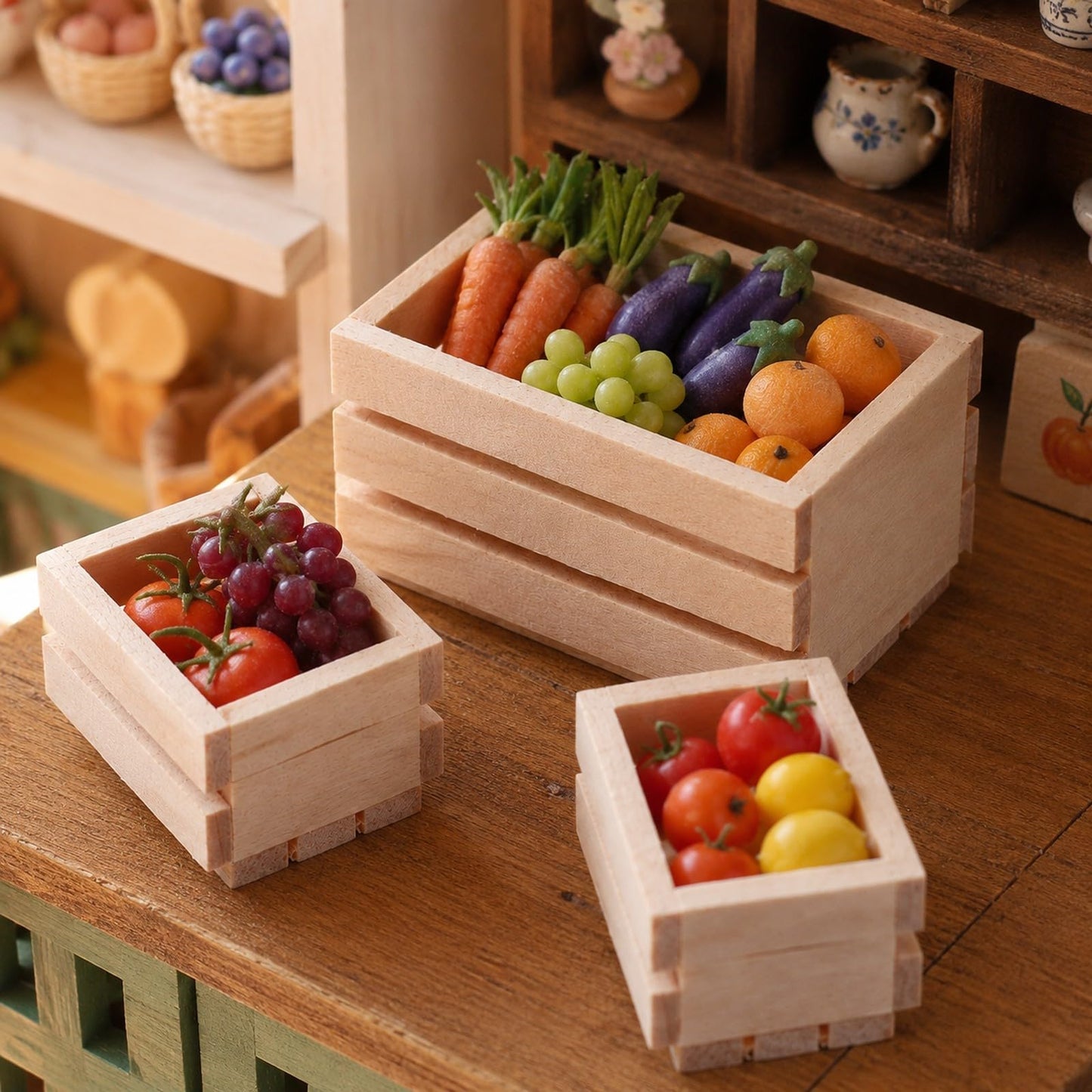 LOGOFUN 3pcs Dollhouse Mini Storage Basket Miniature Wooden Milk Crate 1/12 Tiny Fruit Baskets Model for Dollhouse Accessory - 1.2 * 0.9 & 1.9 * 1.6inch