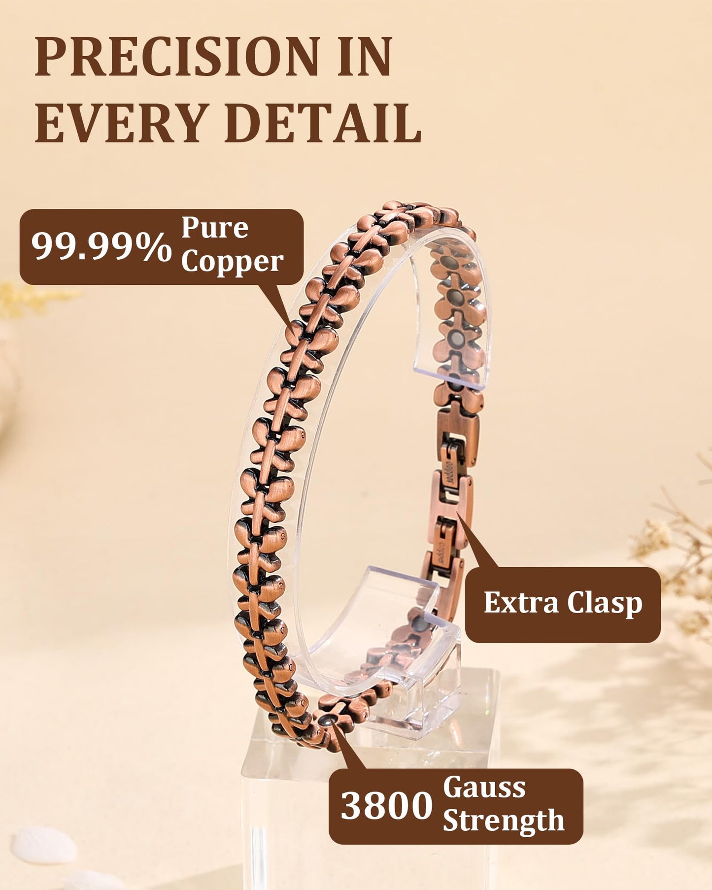 Fashtour Women's Copper Magnetic Bracelet, 3800 Gauss Magnets Butterfly Design, Adjustable Size with Extra Clasp for Daily Wear & Gifts