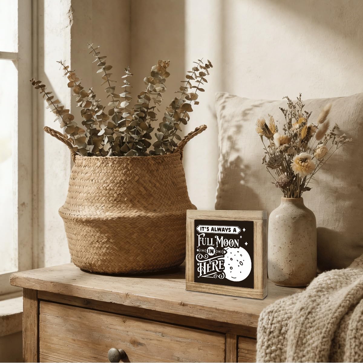Funny Bathroom Decor Sign It's Always a Full Moon in Here, Desk Decor Rustic Wood Block Plaque Box Sign, Rustic Wood Plaque Signs, Decorative Table Signs 5.9X5.9X0.7 inches